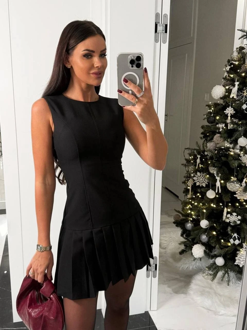 Kadın Siyah İthal Dooble Kumaş Kolsuz Elbise HZL25W-FRY122651