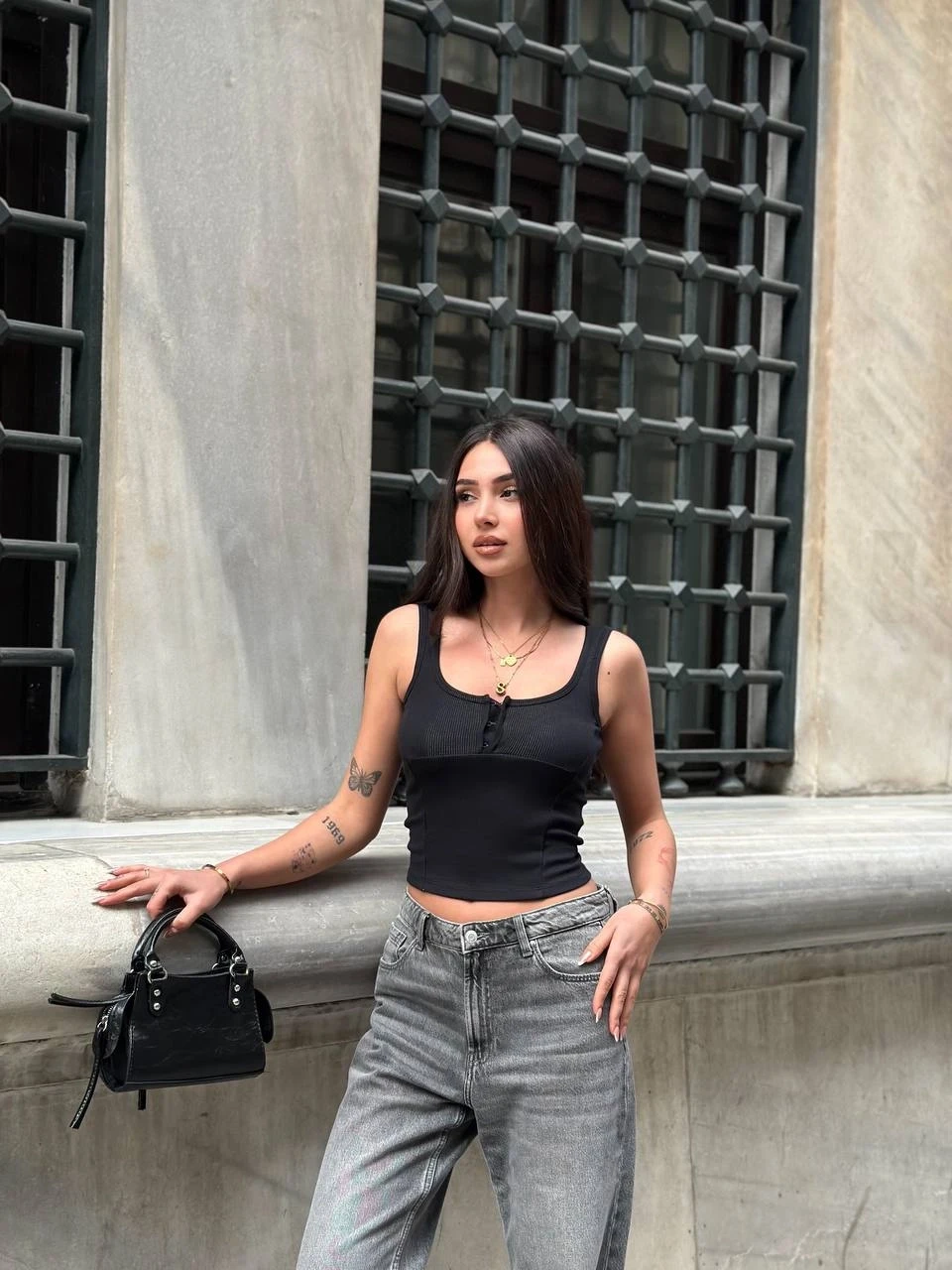 Kadın Siyah Önü Çıt Çıt Kapamalı Crop HZL25S-ZK11671