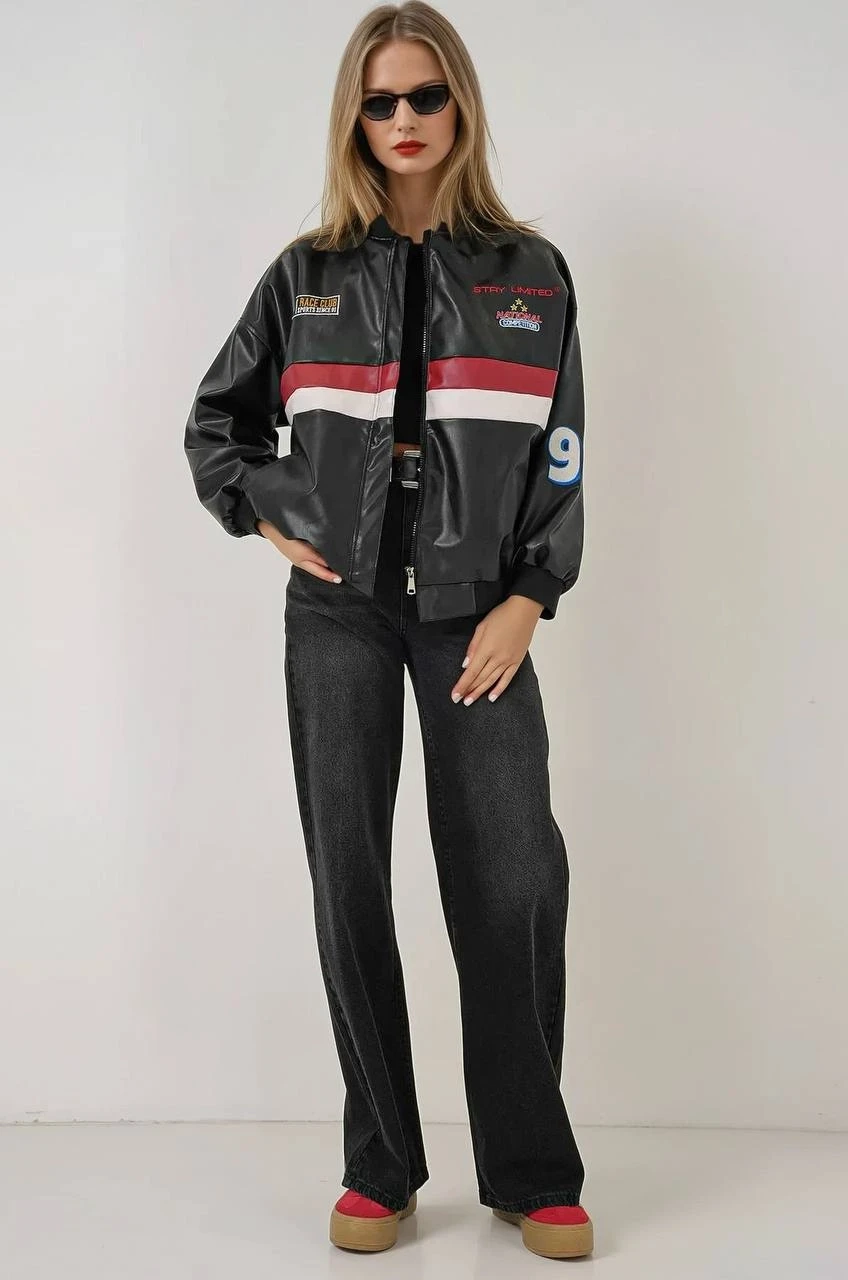 Kadın Siyah Oversize Baskılı Suni Deri Bomber Ceket HZL25W-BD110431