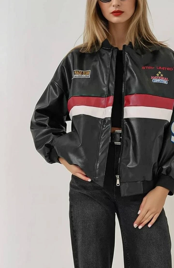 Kadın Siyah Oversize Baskılı Suni Deri Bomber Ceket HZL25W-BD110431