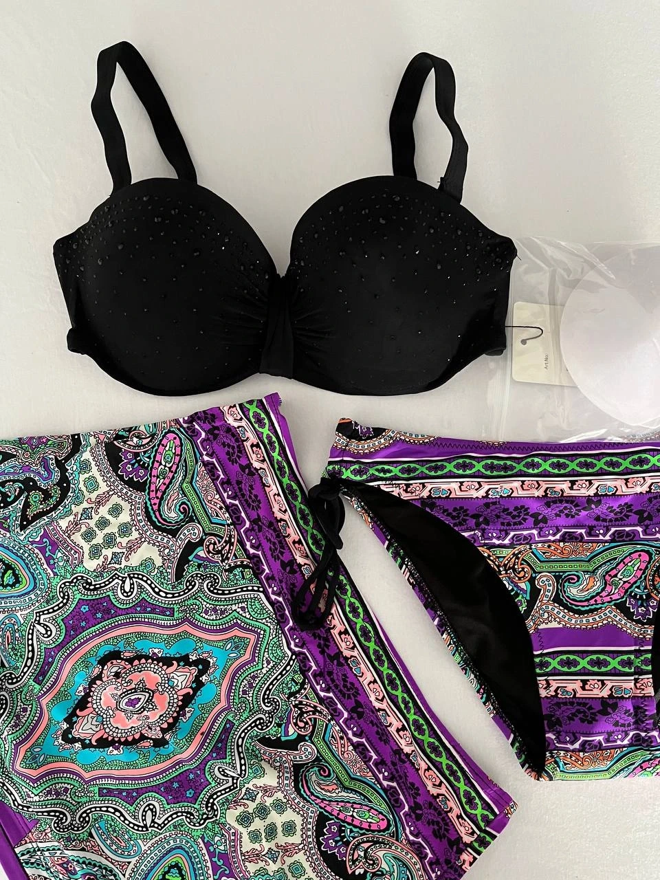 Kadın Siyah Taş İşlemeli Desenli 3 Parça Etekli Bikini Takım HZL25S-LC3326