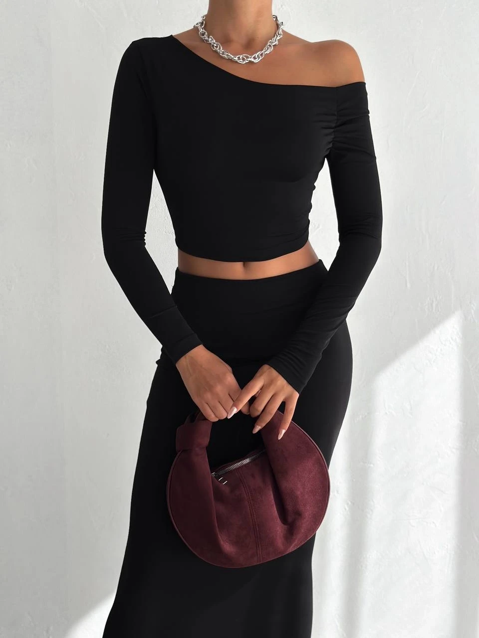 Kadın Siyah Tek Omuz Drapeli Sandy Kumaş  İkili Takım HZL25W-FRY122511