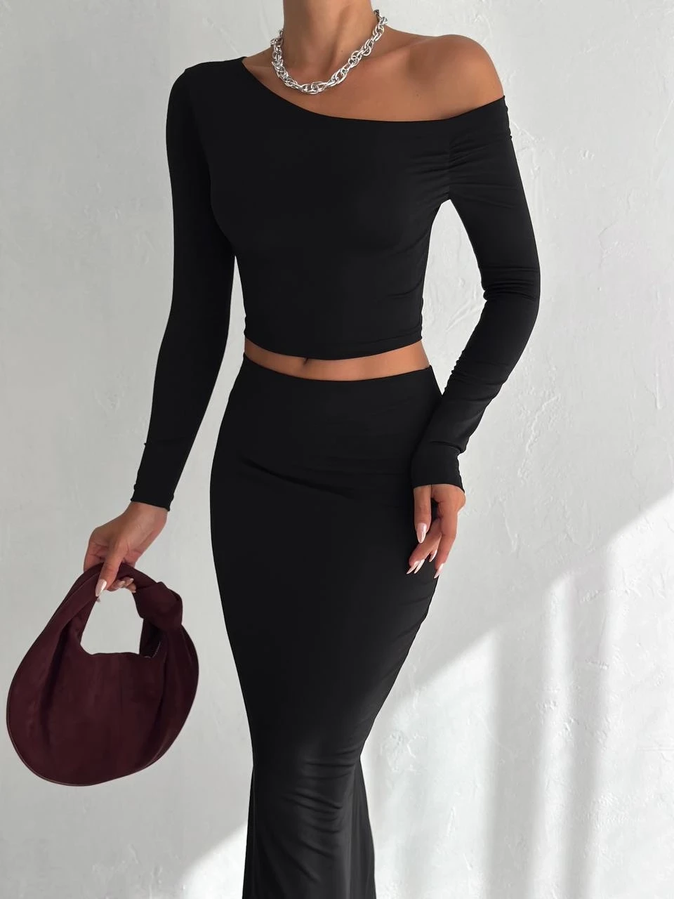 Kadın Siyah Tek Omuz Drapeli Sandy Kumaş  İkili Takım HZL25W-FRY122511