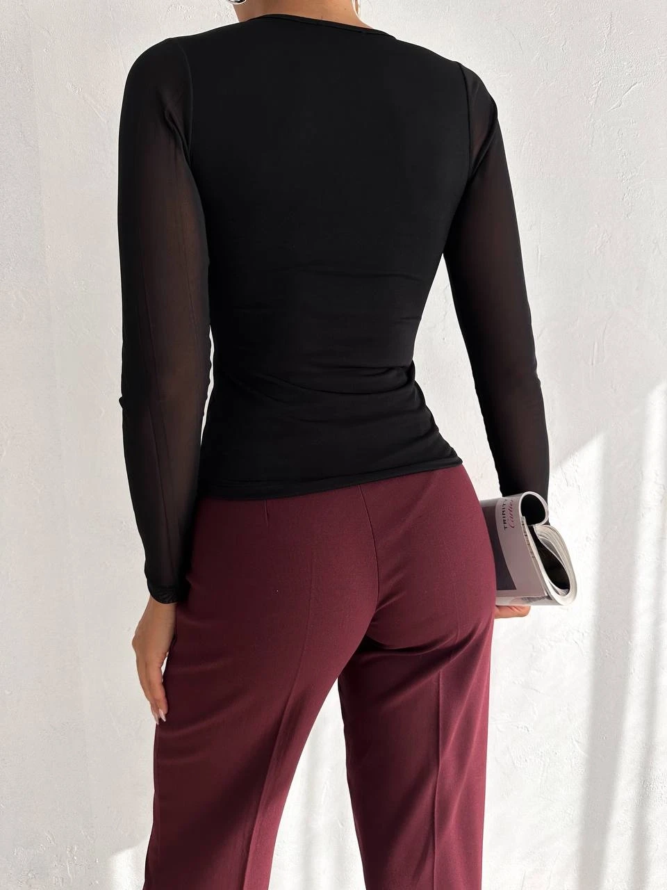 Kadın Siyah Uzun Tül Kol Sandy Bluz HZL25W-FRY122521