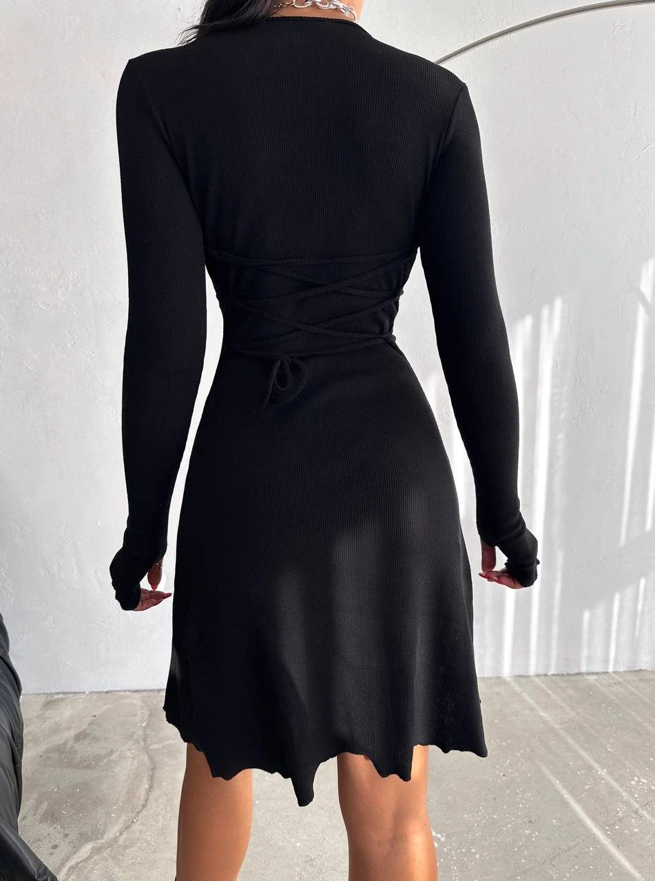 Kadın Siyah V Yaka Yandan İp Bağlamalı Kaşkorse Elbise HZL24W-FRY121751