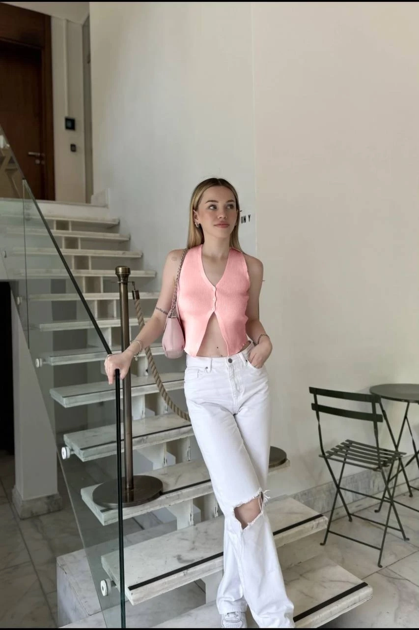 Kadın Somon Düğmeli Crop Triko Yelek HZL24S-ZK10231