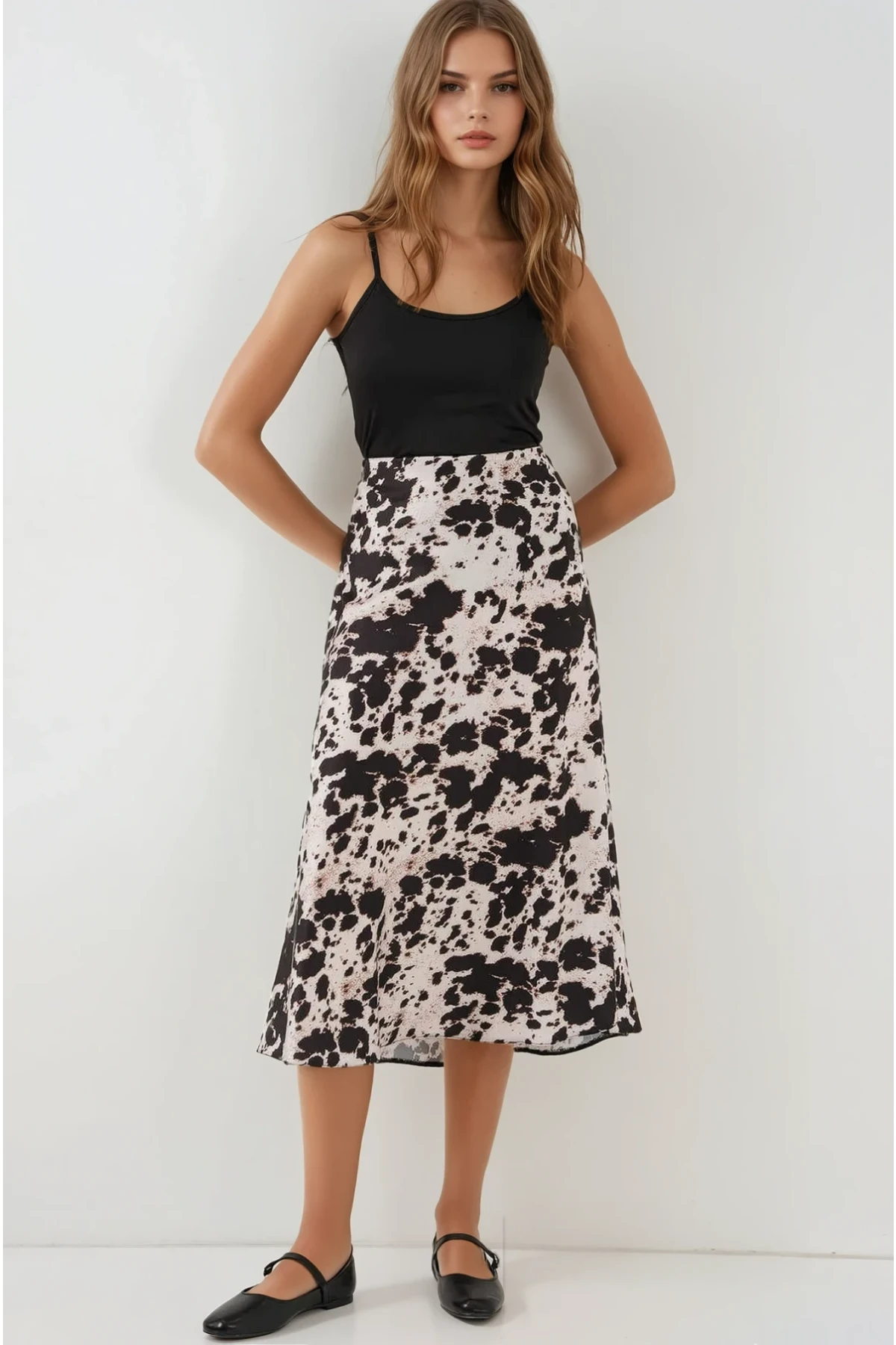 Kadın Taş Leopar Desenli Saten Yüzeyli Beli Lastikli Midi Boy Etek Hzl23S-BD1101471