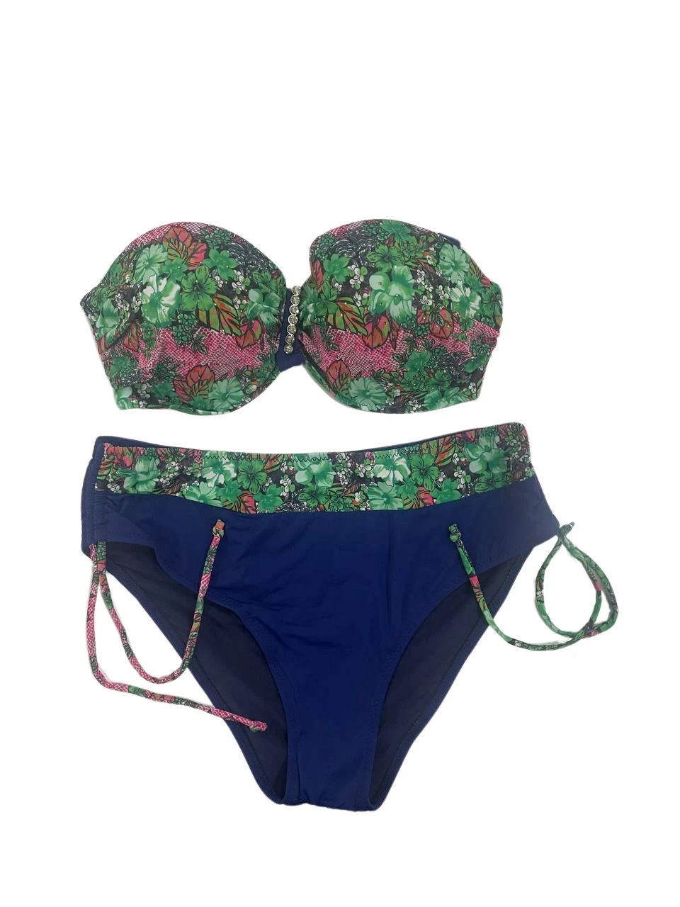 Kadın Yeşil Çiçek Desenli Büyük Beden Astarlı Lacivert Bikini Takım HZL25S-LC3301