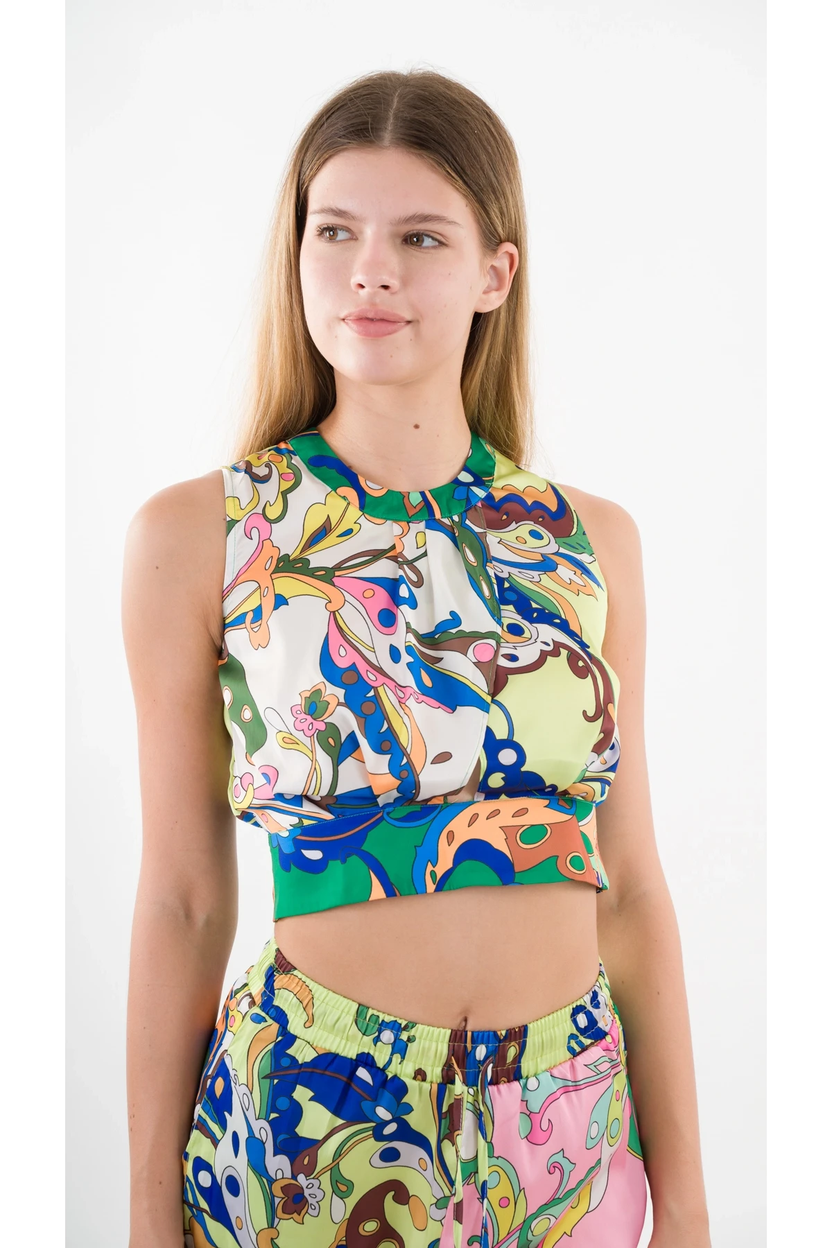 Kadın Yeşil Pembe Desenli Bluz Pantolon Takım HZL22S-YY298