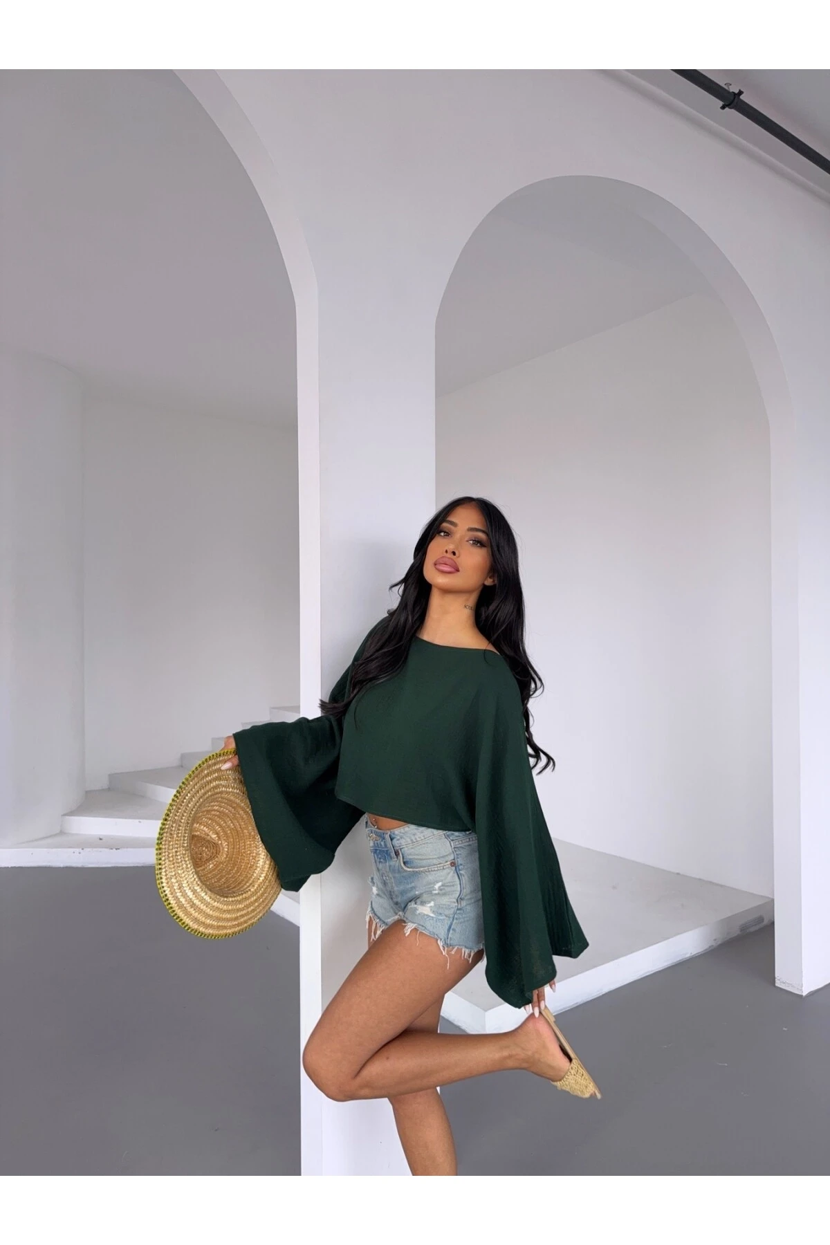 Kadın Zümrüt Yeşil Panço Model Müslin Bluz HZL25S-DSB16161