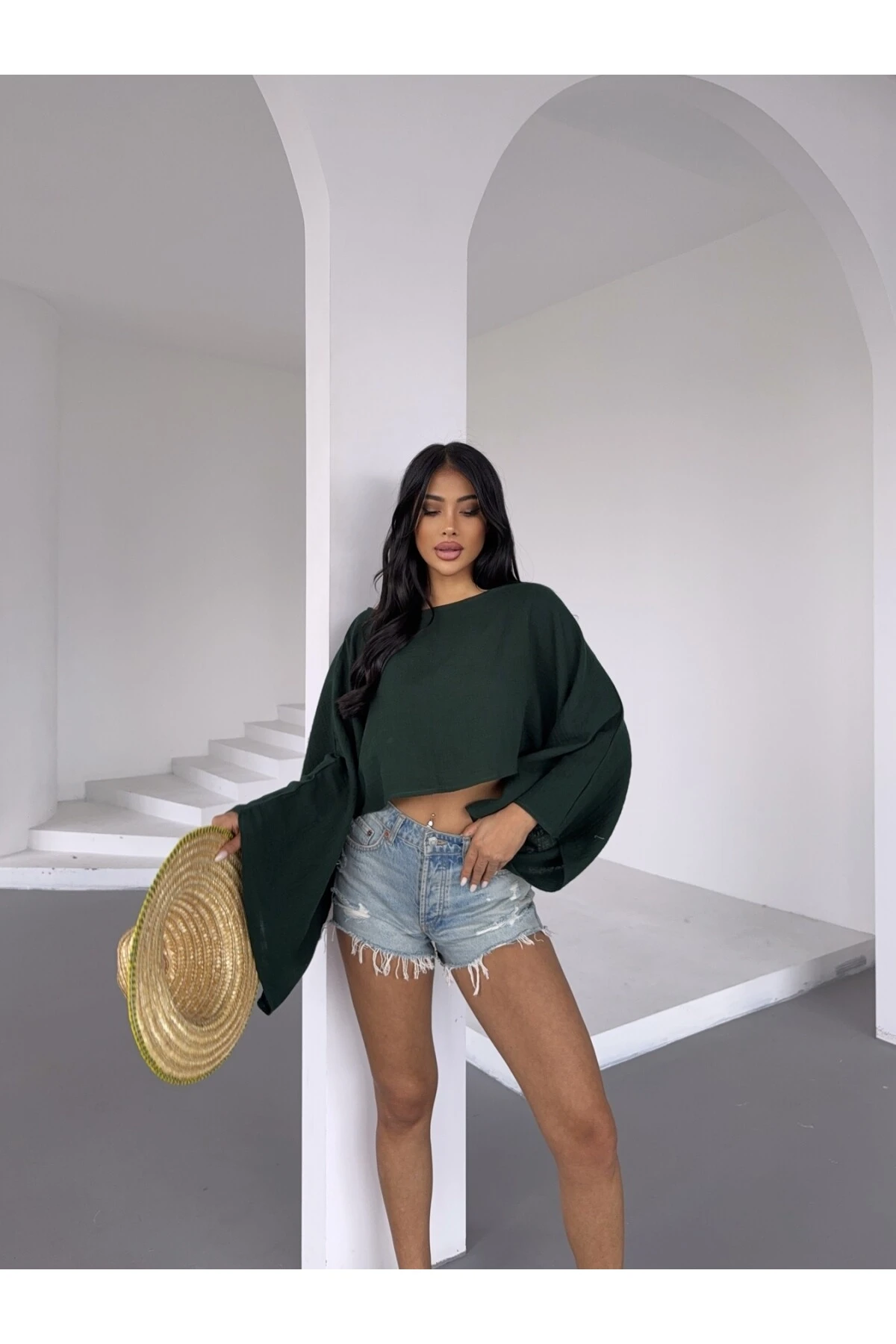 Kadın Zümrüt Yeşil Panço Model Müslin Bluz HZL25S-DSB16161