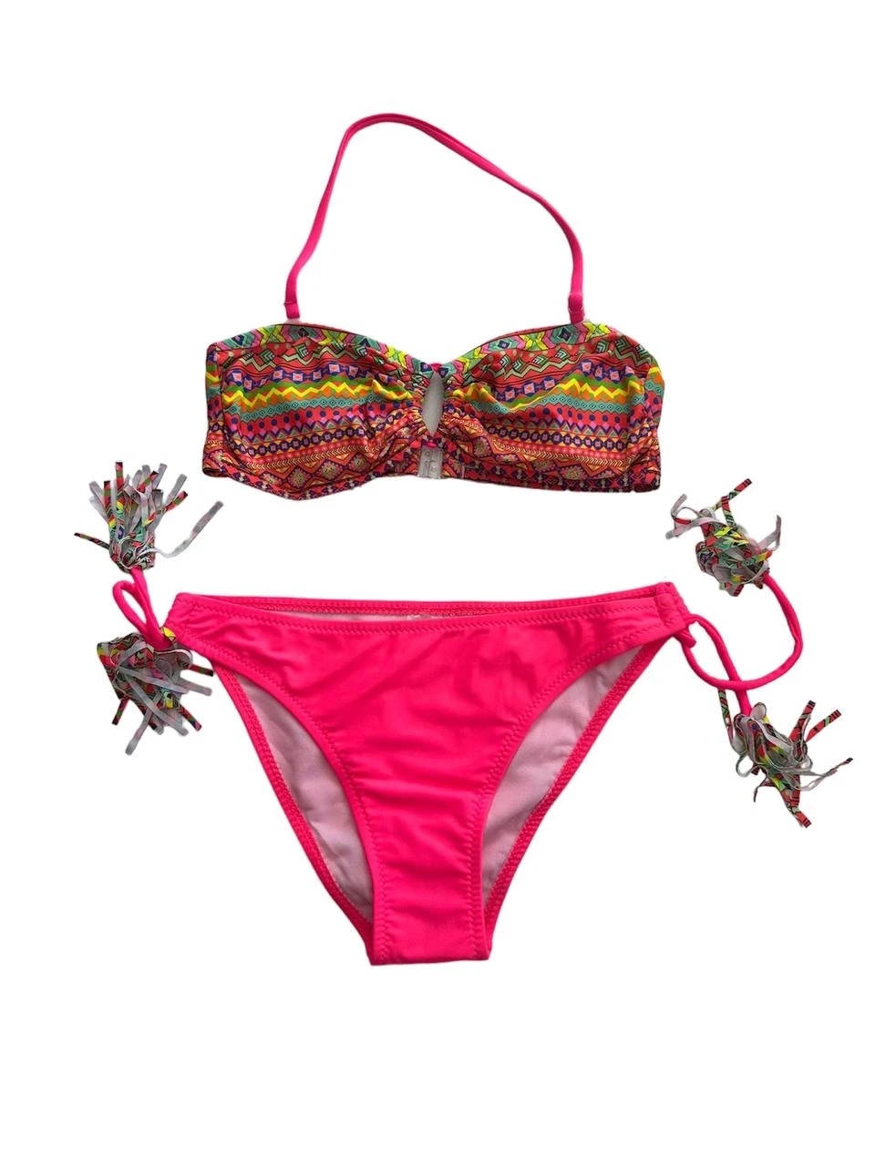 Kız Çocuk Fuşya Çok Renkli  İp Detaylı Astarlı 4-12 Yaş Üçgen Bikini Takım HZL24S-LC1904