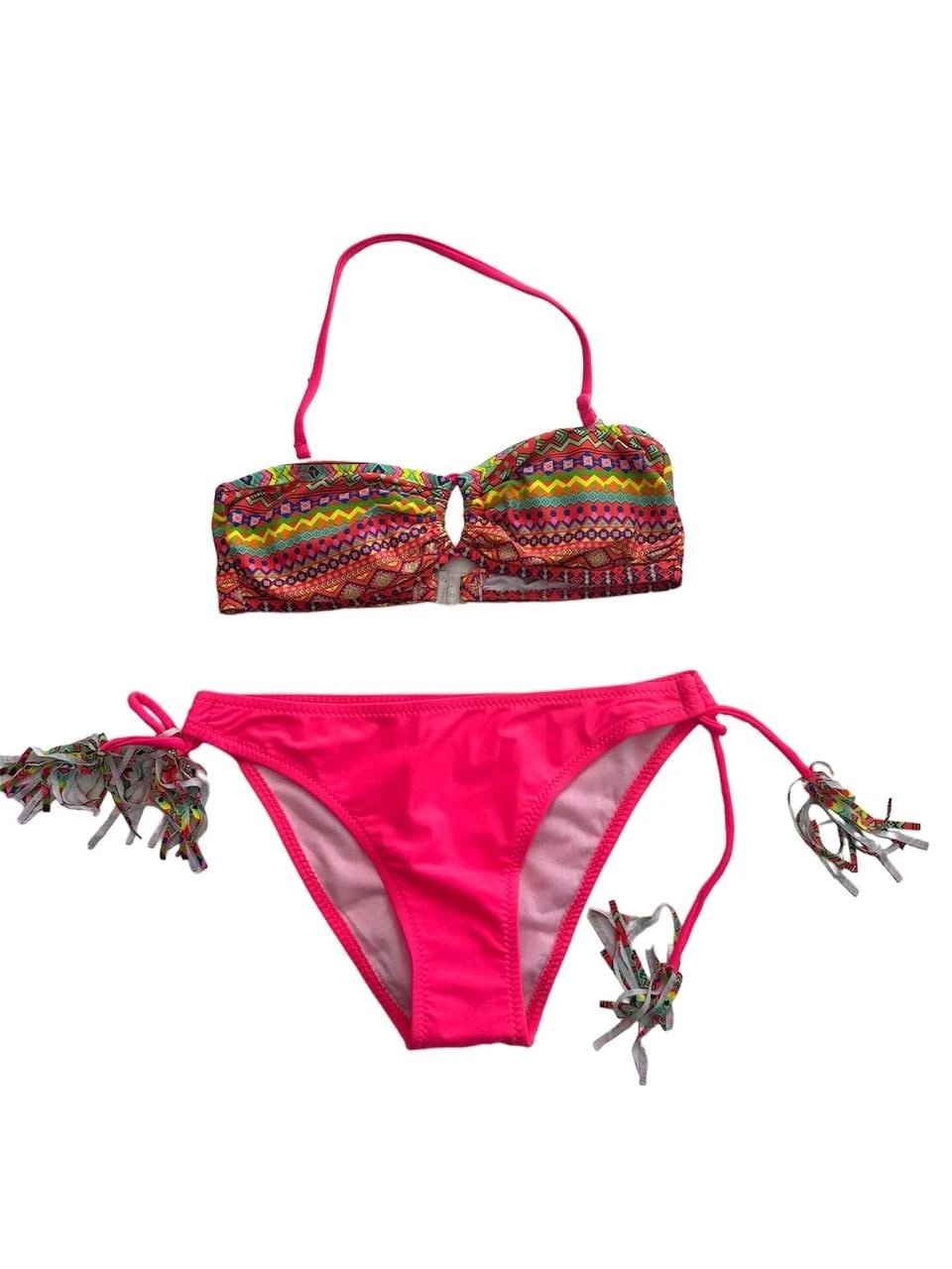 Kız Çocuk Fuşya Çok Renkli  İp Detaylı Astarlı 4-12 Yaş Üçgen Bikini Takım HZL24S-LC1904