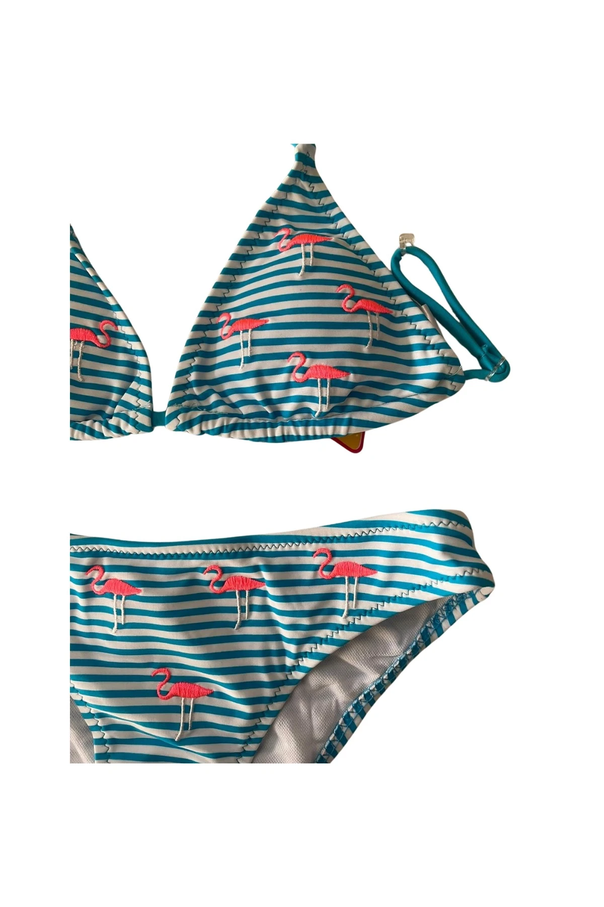 Kız Çocuk Mavi Beyaz Çizgili Flamingo Desenli  4-12 Yaş Üçgen Bikini Takım HZL24S-LC171