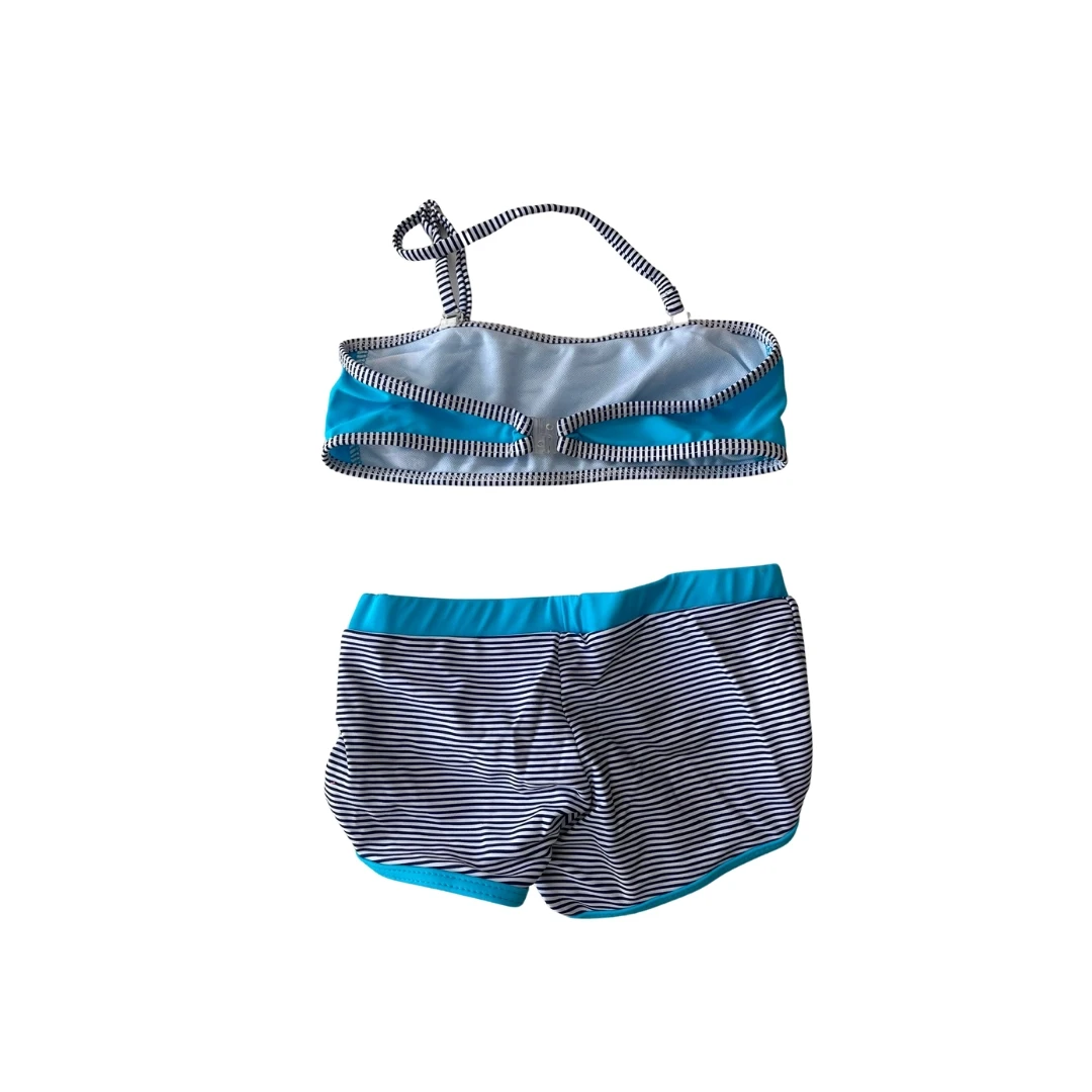 Kız Çocuk Mavi Siyah Çizgili Şortlu 4-12 Yaş Straplez Bikini Takım HZL24S-LC9034
