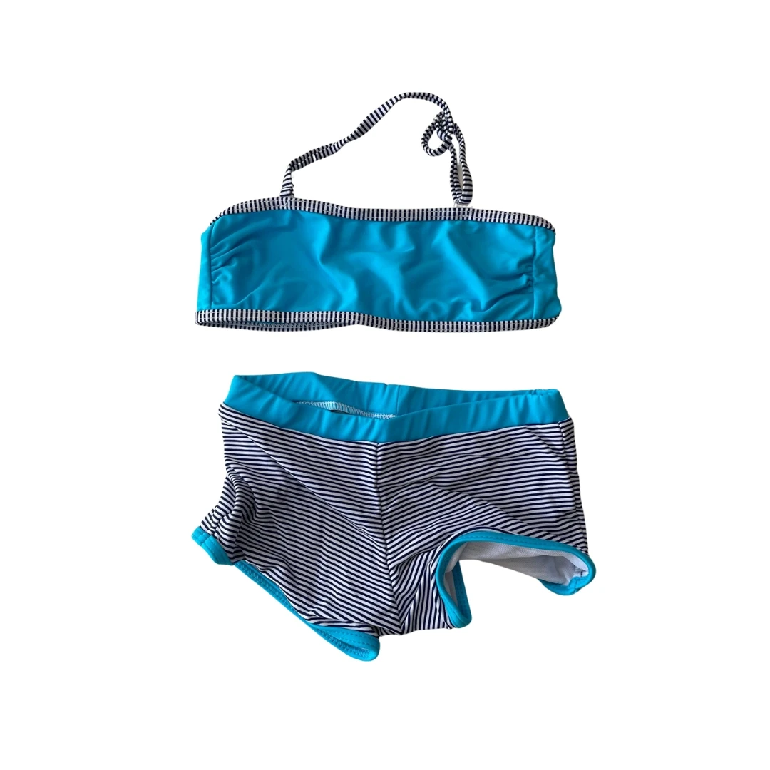 Kız Çocuk Mavi Siyah Çizgili Şortlu 4-12 Yaş Straplez Bikini Takım HZL24S-LC9034