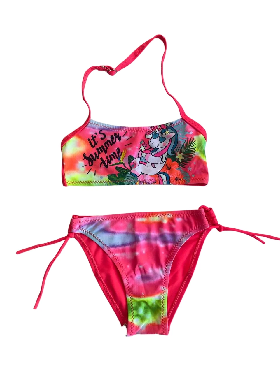 Kız Çocuk Neon Pembe Desenli  2-8 Yaş Straplez Bikini Takım HZL24S-LC3652