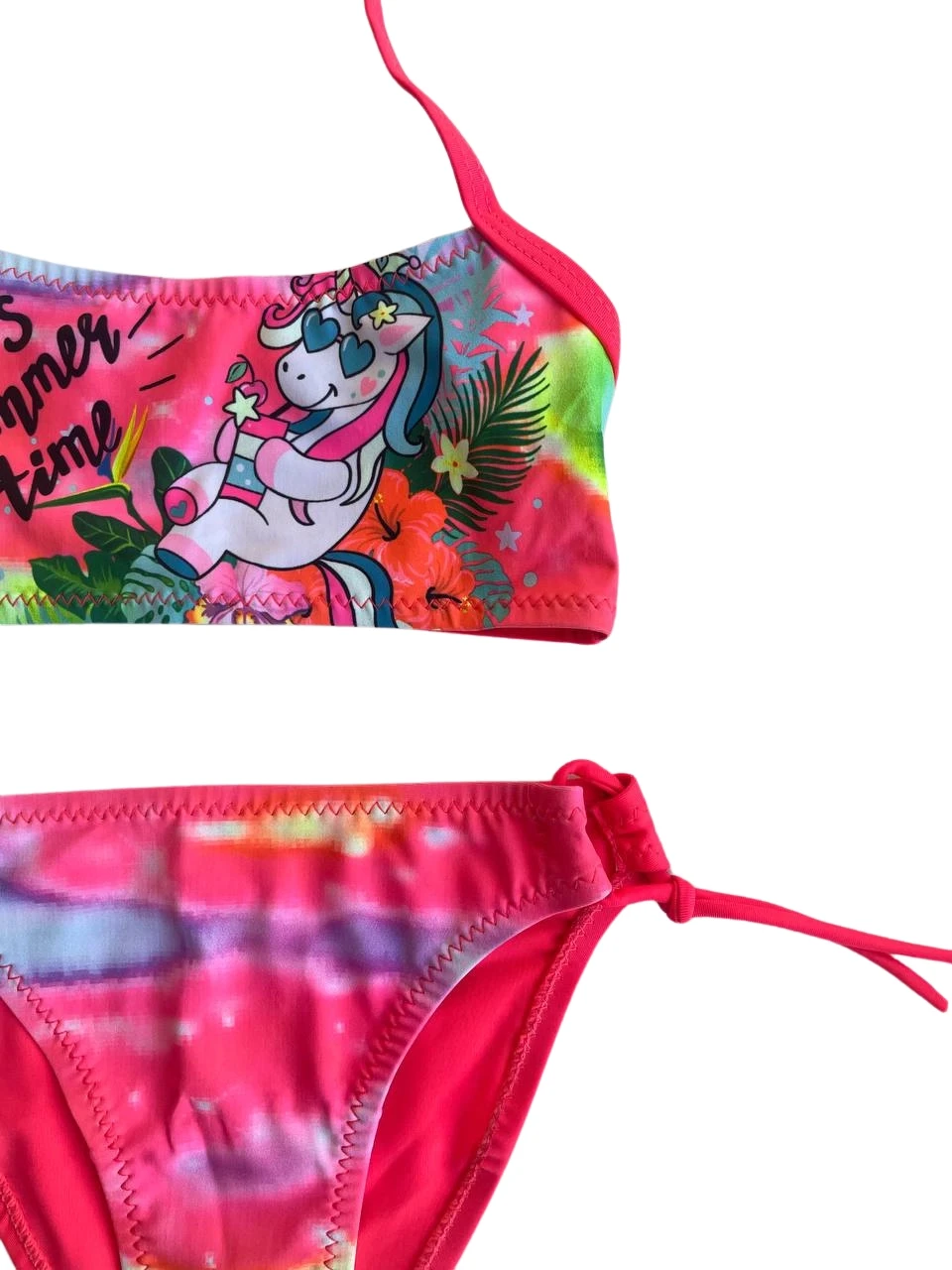 Kız Çocuk Neon Pembe Desenli  2-8 Yaş Straplez Bikini Takım HZL24S-LC3652