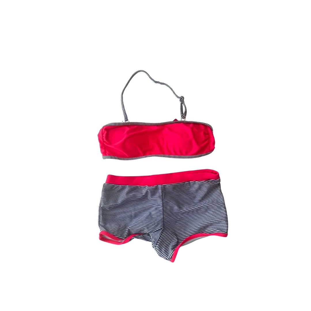 Kız Çocuk Neon Pembe Siyah Çizgili Şortlu 4-12 Yaş Straplez Bikini Takım HZL24S-LC9034