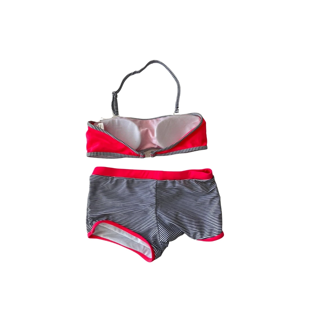 Kız Çocuk Neon Pembe Siyah Çizgili Şortlu 4-12 Yaş Straplez Bikini Takım HZL24S-LC9034