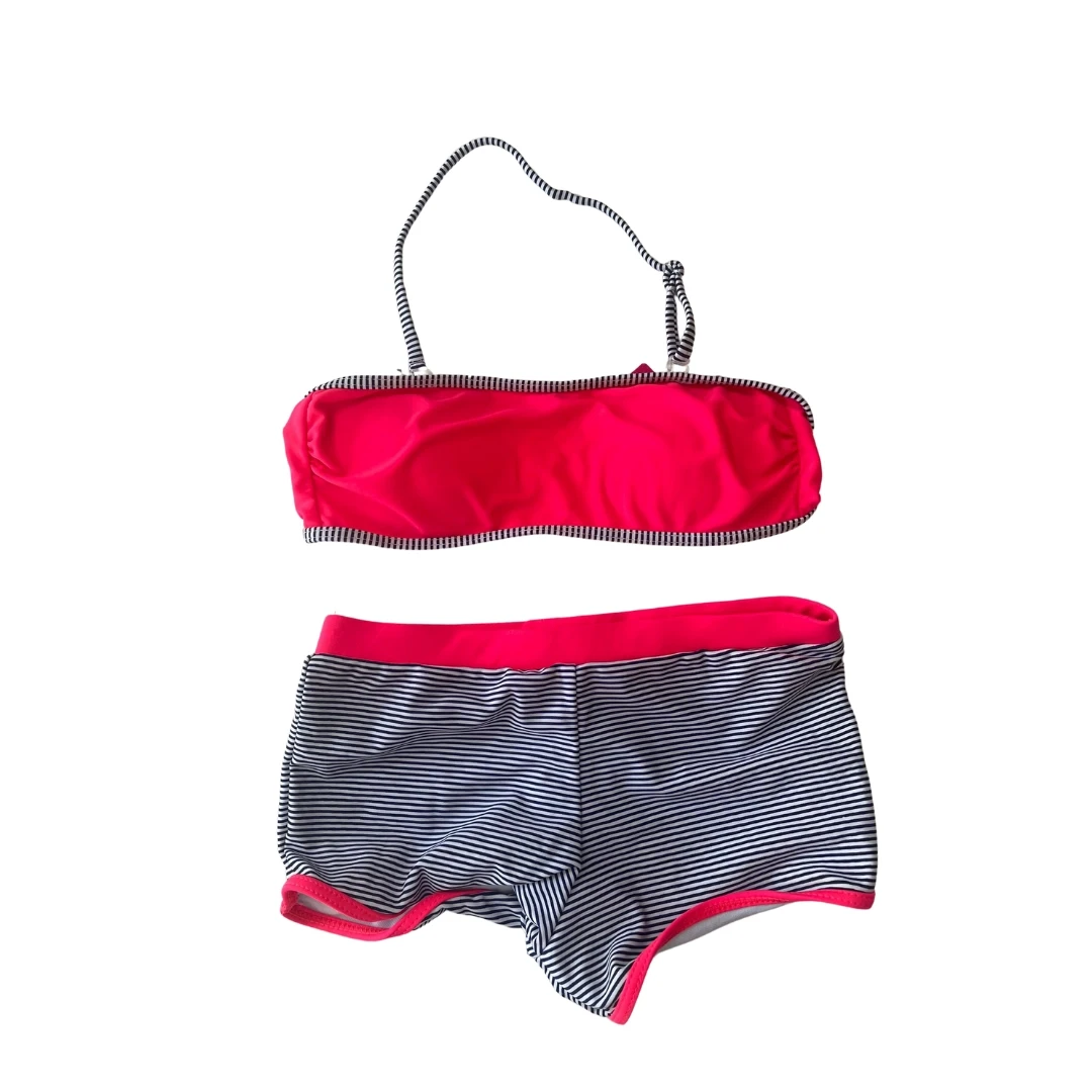 Kız Çocuk Neon Pembe Siyah Çizgili Şortlu 4-12 Yaş Straplez Bikini Takım HZL24S-LC9034