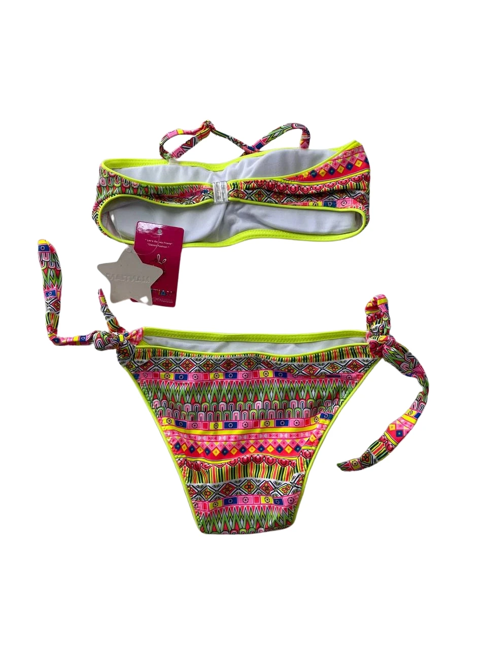 Kız Çocuk Neon Sarı Çok Renkli Astarlı 4-12 Yaş Straplez Bikini Takım HZL24S-LC6355