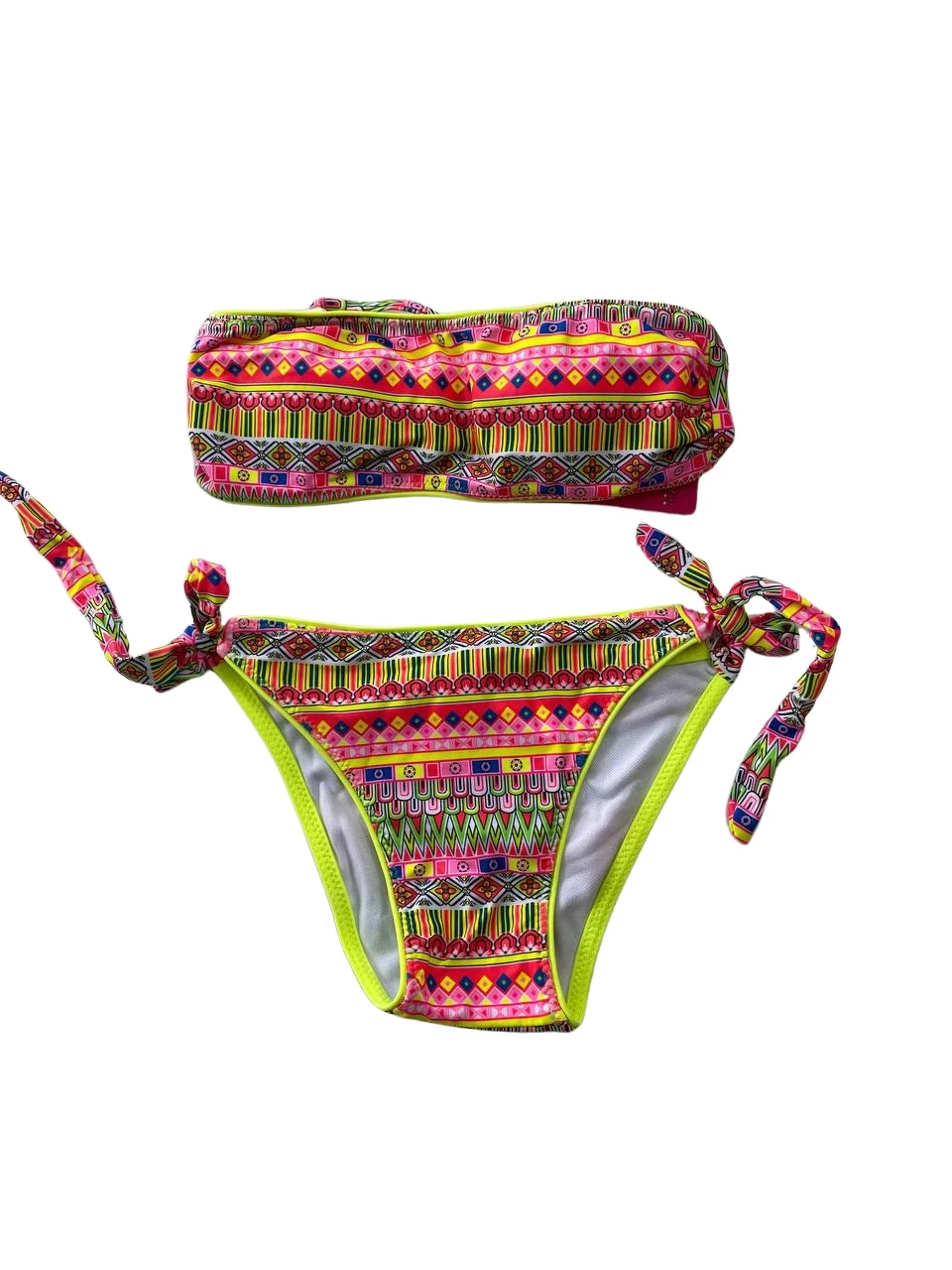 Kız Çocuk Neon Sarı Çok Renkli Astarlı 4-12 Yaş Straplez Bikini Takım HZL24S-LC6355