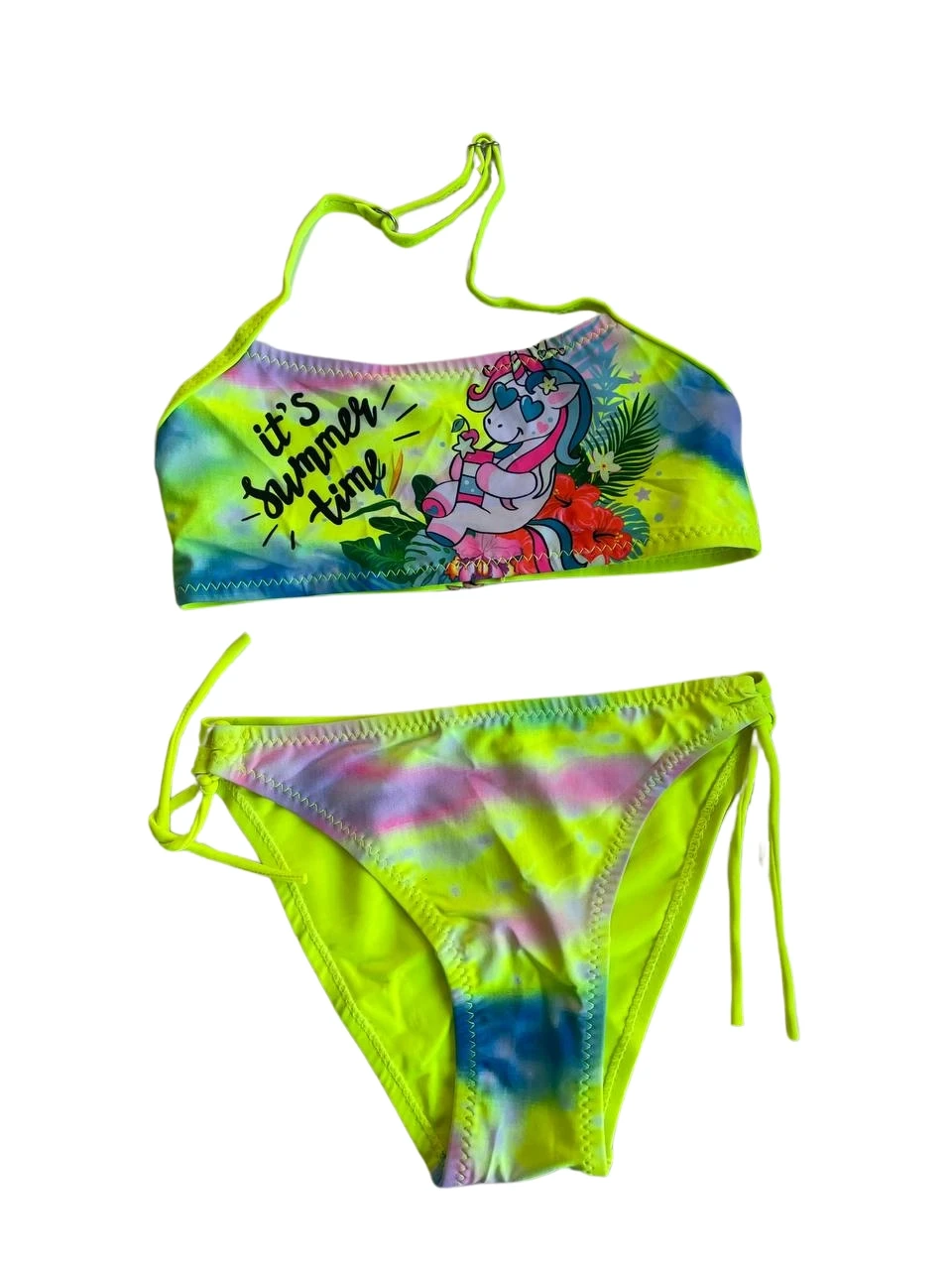 Kız Çocuk Neon Sarı Desenli  2-8 Yaş Straplez Bikini Takım HZL24S-LC3652