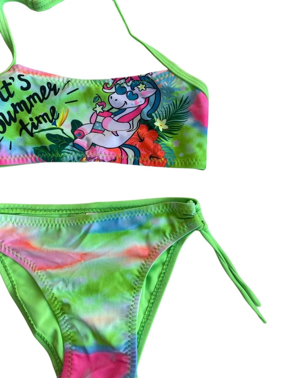 Kız Çocuk Neon Yeşil Desenli  2-8 Yaş Straplez Bikini Takım HZL24S-LC3652