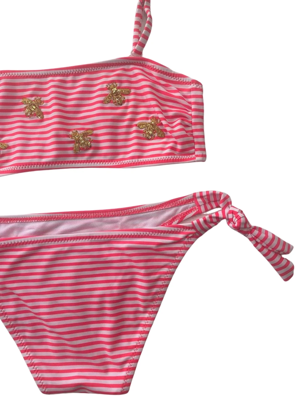 Kız Çocuk Pembe Beyaz Çizgili Arı Çıkartmalı 4-12 Yaş Straplez Bikini Takım HZL24S-LC3228
