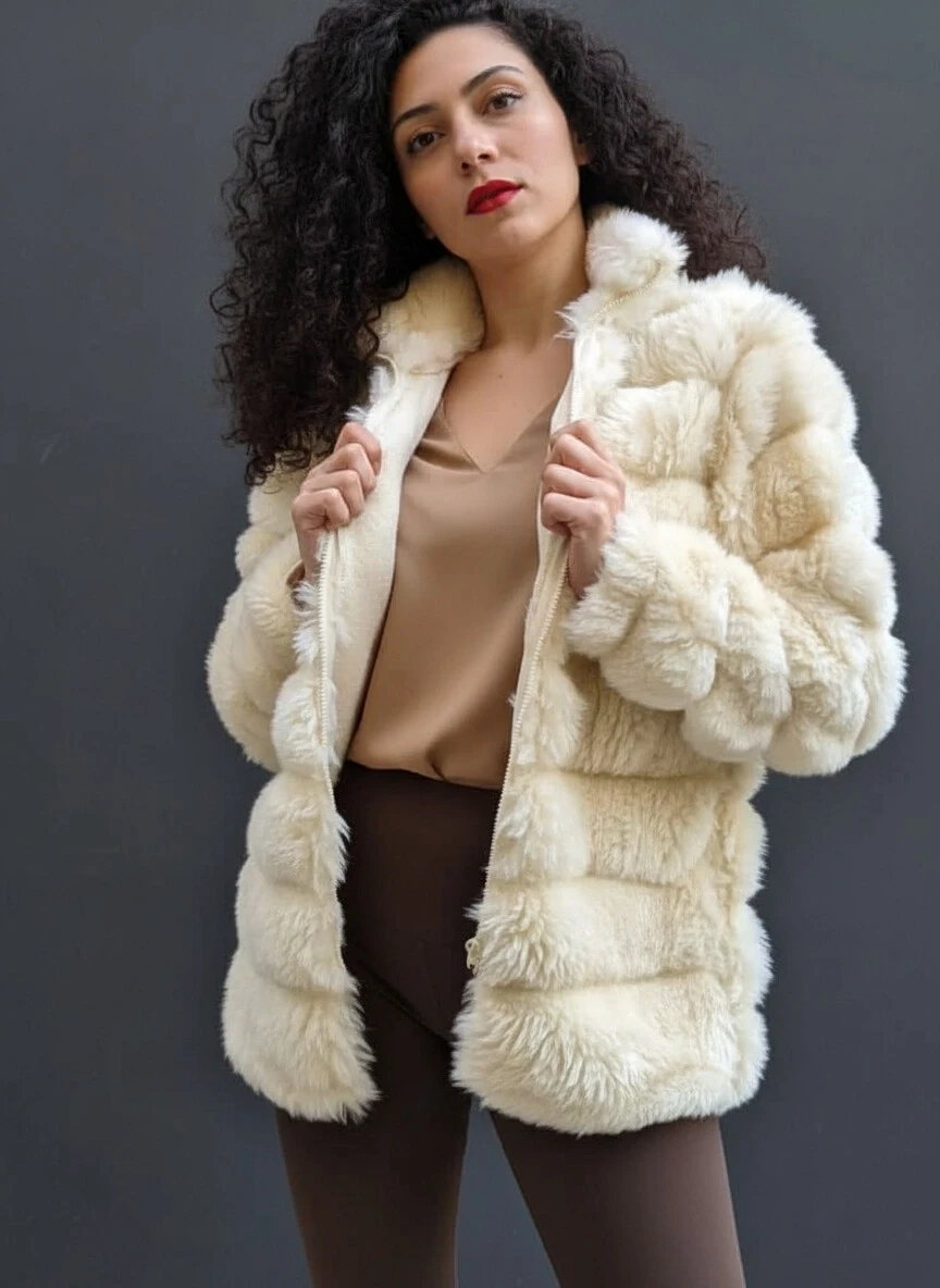 Kadın Açık Krem Şık Peluş Suni Kürk Ceket HZL23W-DSB110061