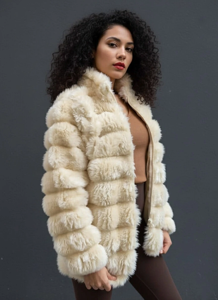 Kadın Açık Krem Şık Peluş Suni Kürk Ceket HZL23W-DSB110061