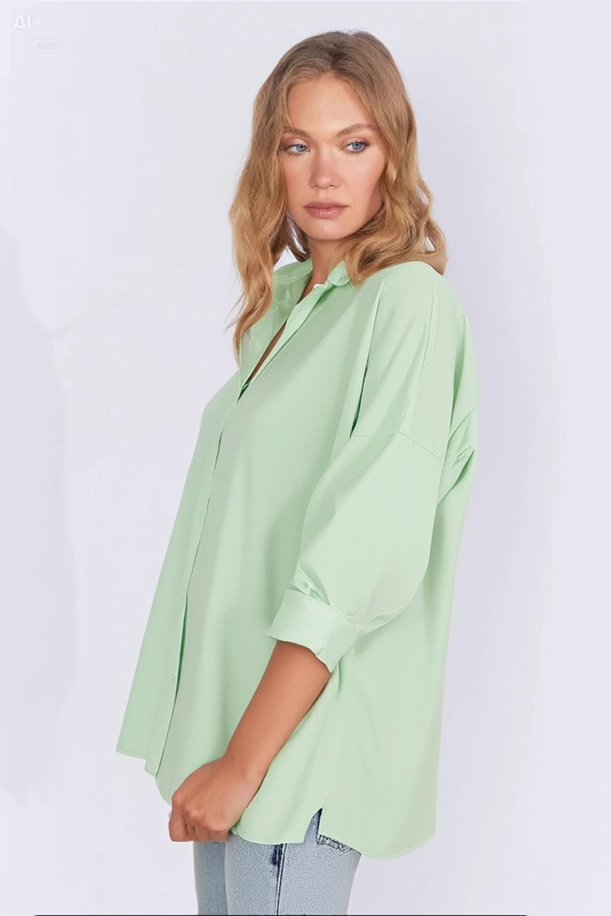 Kadın Açık Yeşil Oversize Uzun Basic Gömlek HZL22W-BD139001