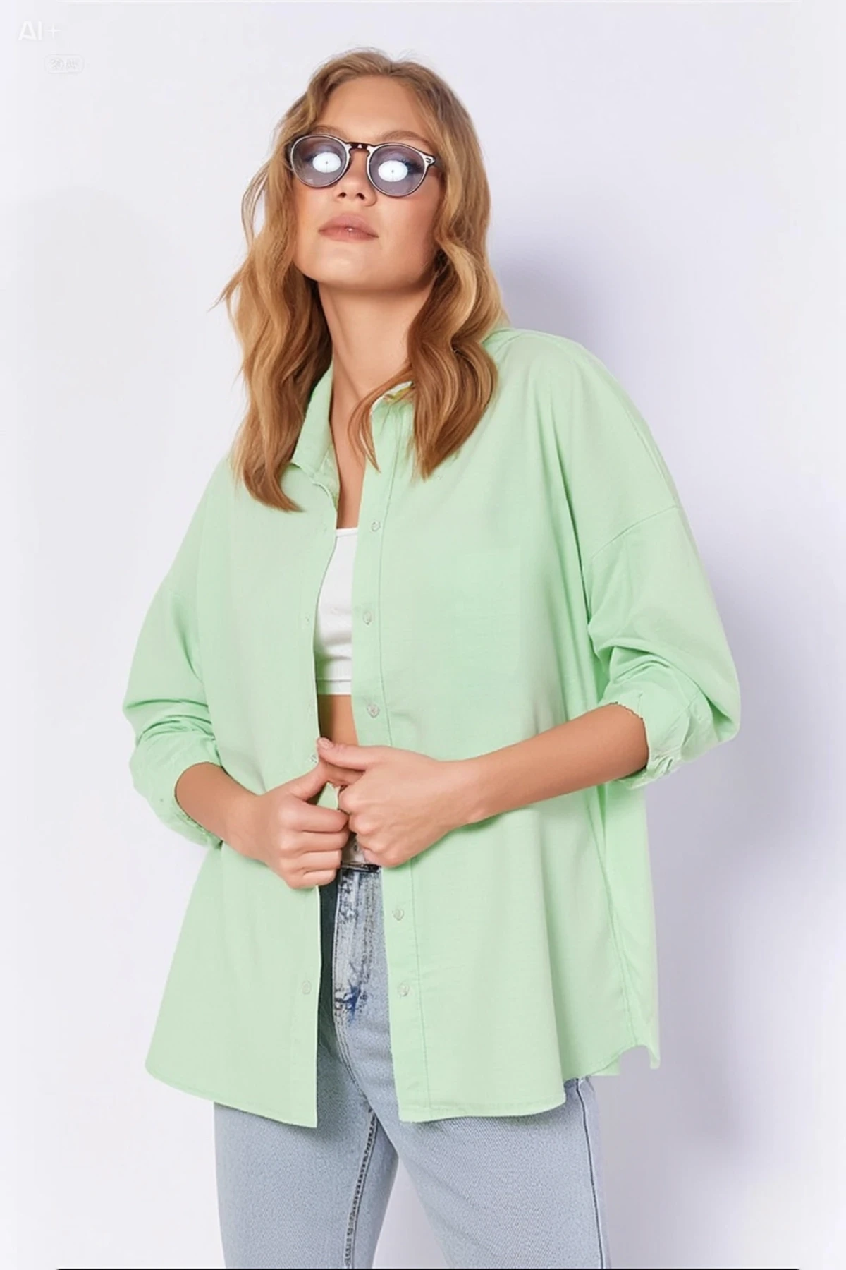 Kadın Açık Yeşil Oversize Uzun Basic Gömlek HZL22W-BD139001