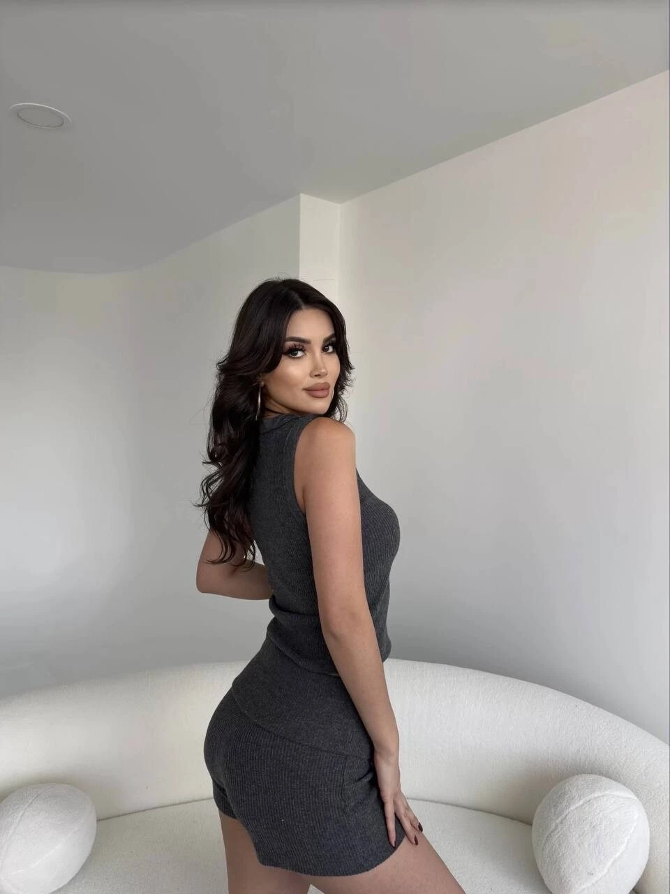 Kadın Antrasit Bel Katlamalı Şortlu Bluz Basic Takım HZL25W-ZK11191