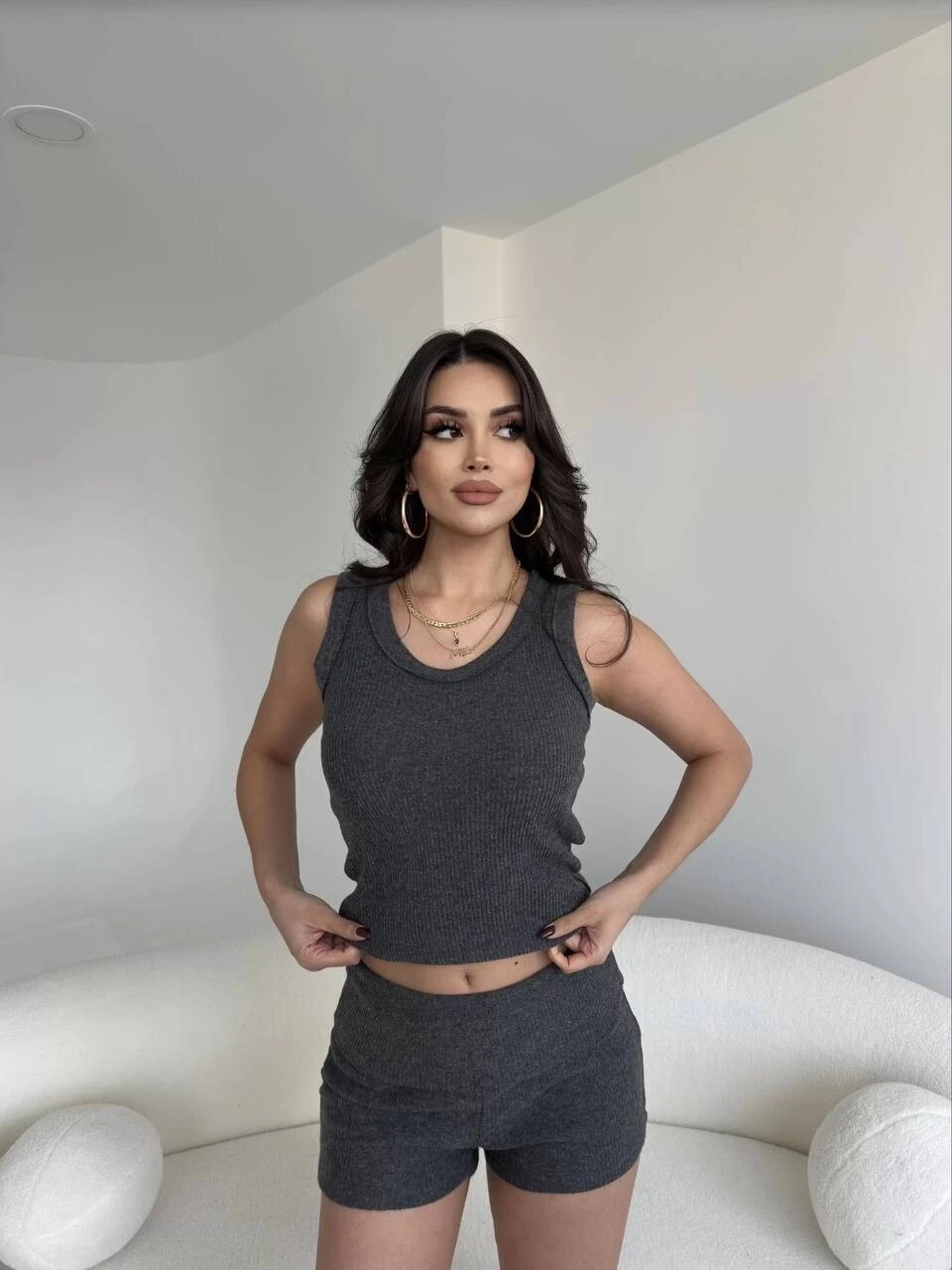 Kadın Antrasit Bel Katlamalı Şortlu Bluz Basic Takım HZL25W-ZK11191