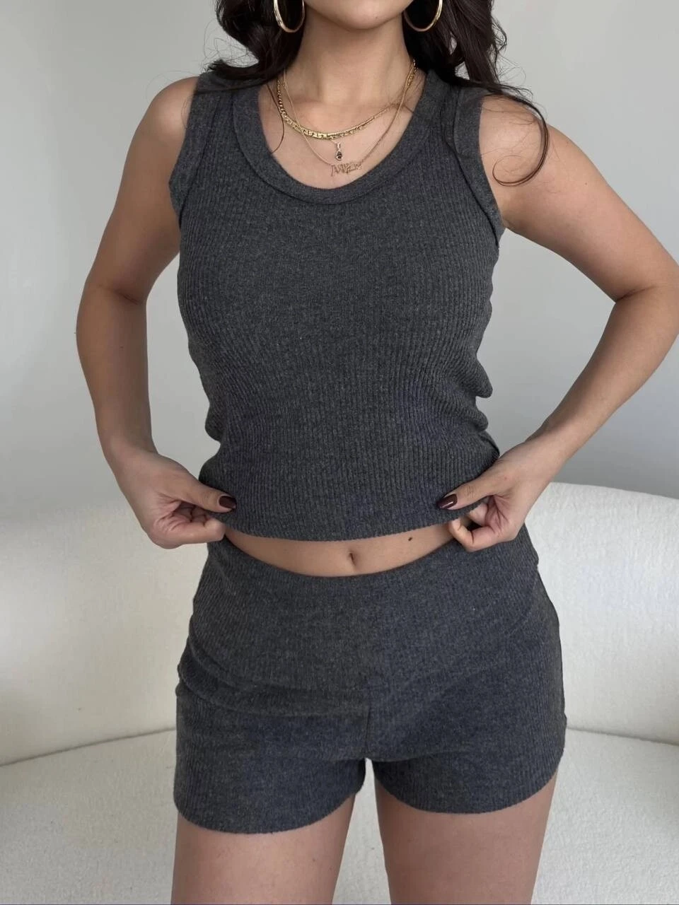 Kadın Antrasit Bel Katlamalı Şortlu Bluz Basic Takım HZL25W-ZK11191