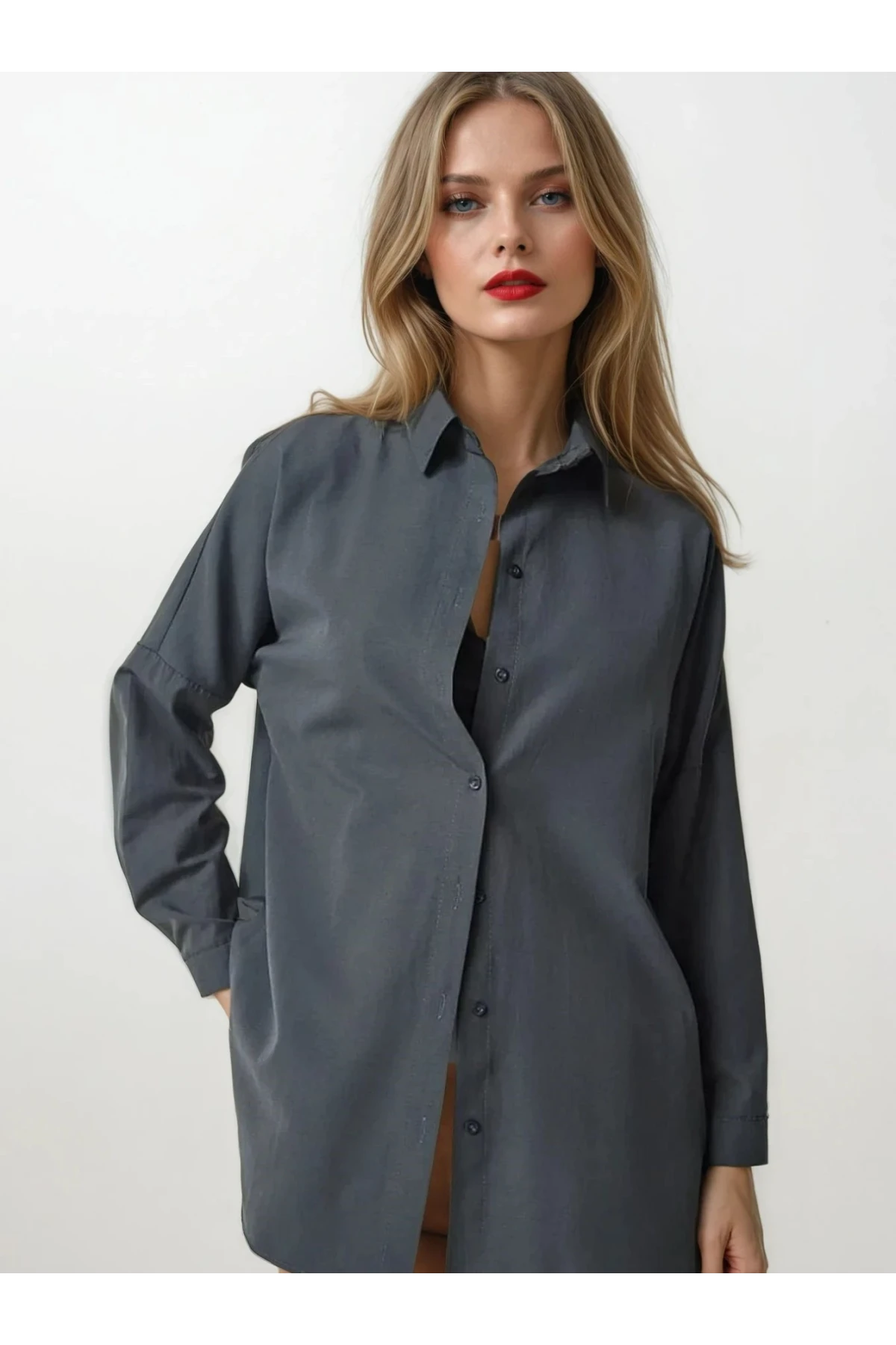Kadın Antrasit Geniş Kalıp Uzun Basic Gömlek HZL24W-BD139001