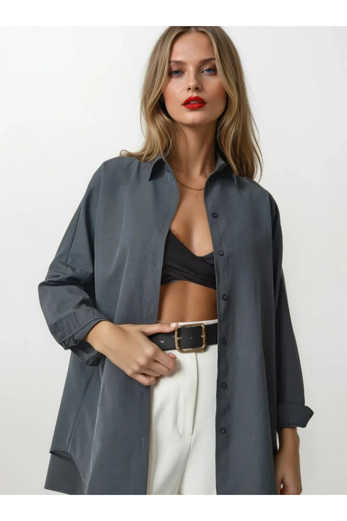 Kadın Antrasit Geniş Kalıp Uzun Basic Gömlek HZL24W-BD139001