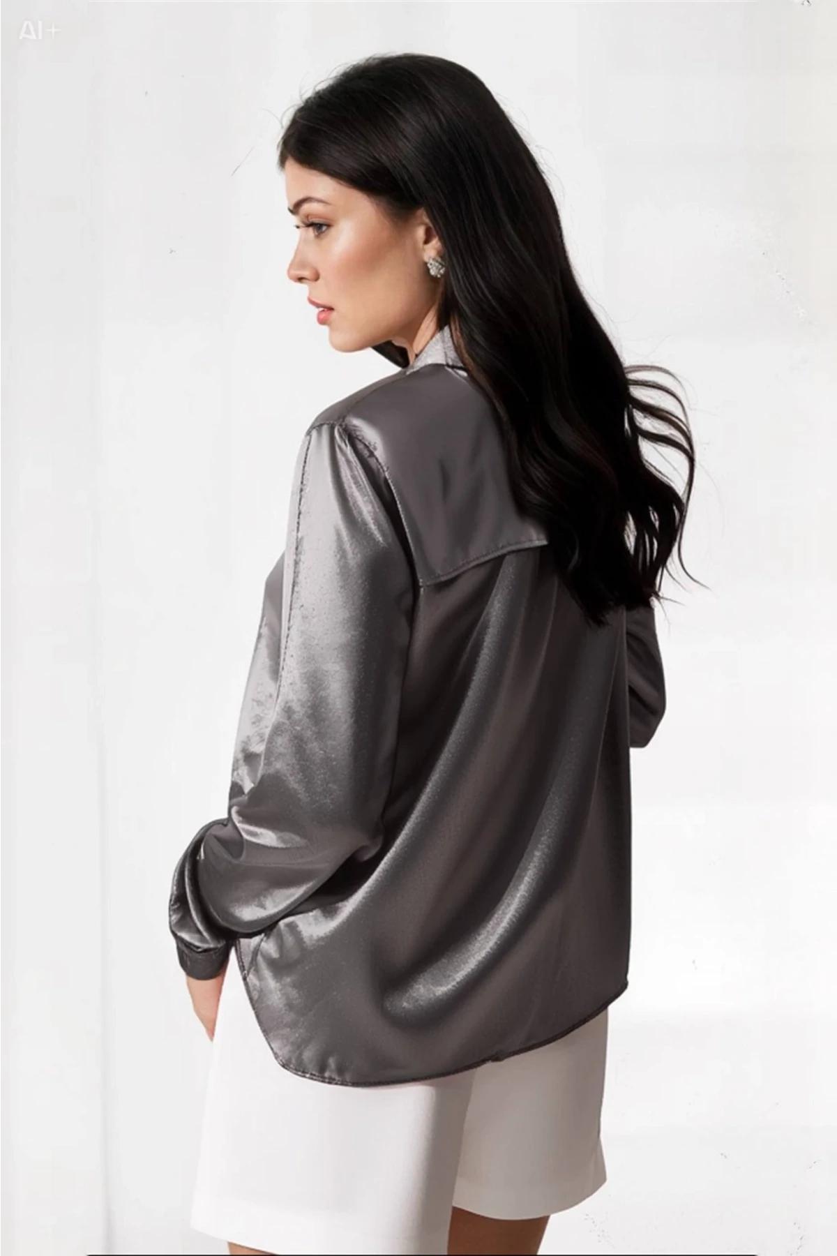 Kadın Antrasit Hafif Dökümlü Saten Yüzeyli Gömlek Hzl22w-bd139641