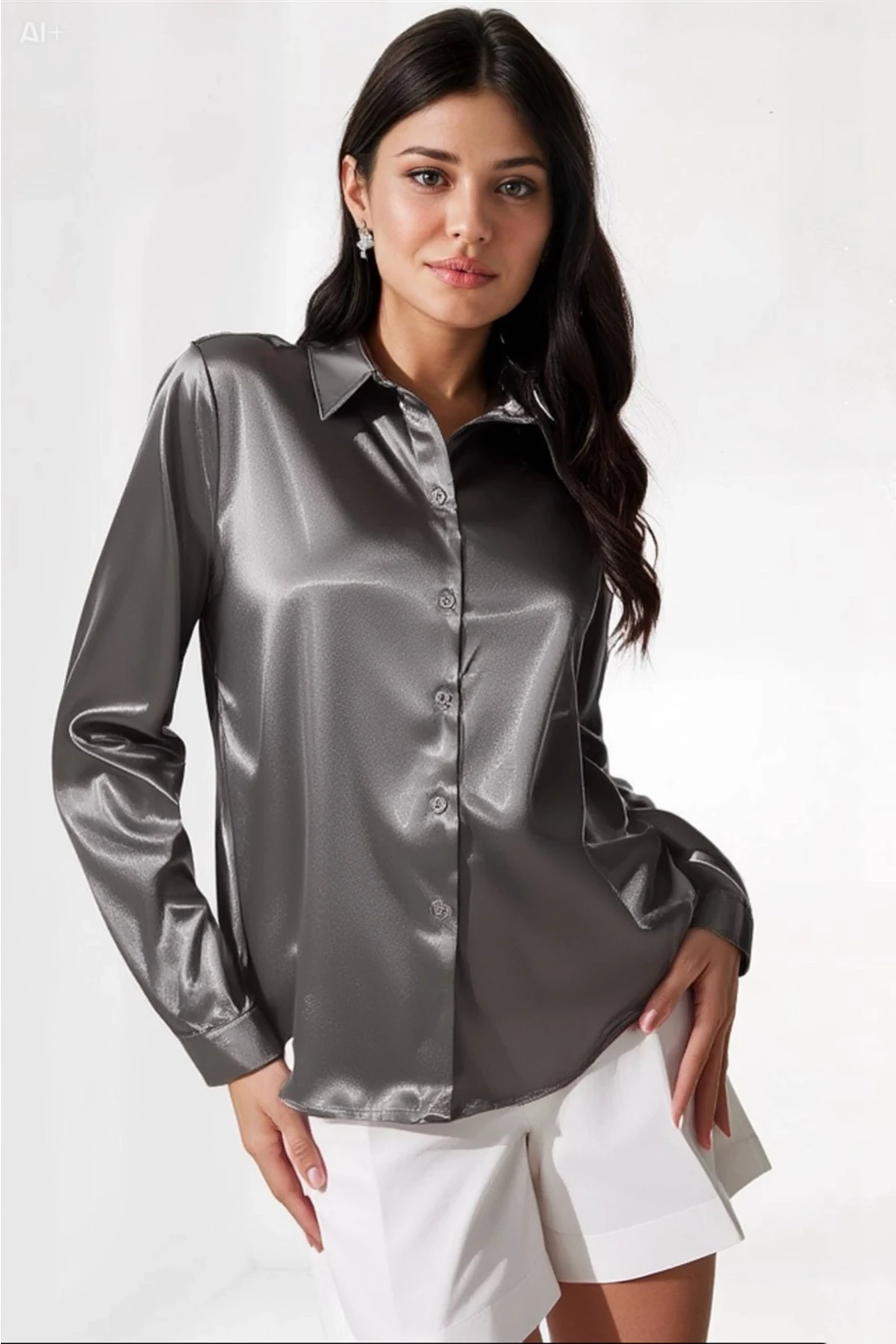 Kadın Antrasit Hafif Dökümlü Saten Yüzeyli Gömlek Hzl22w-bd139641