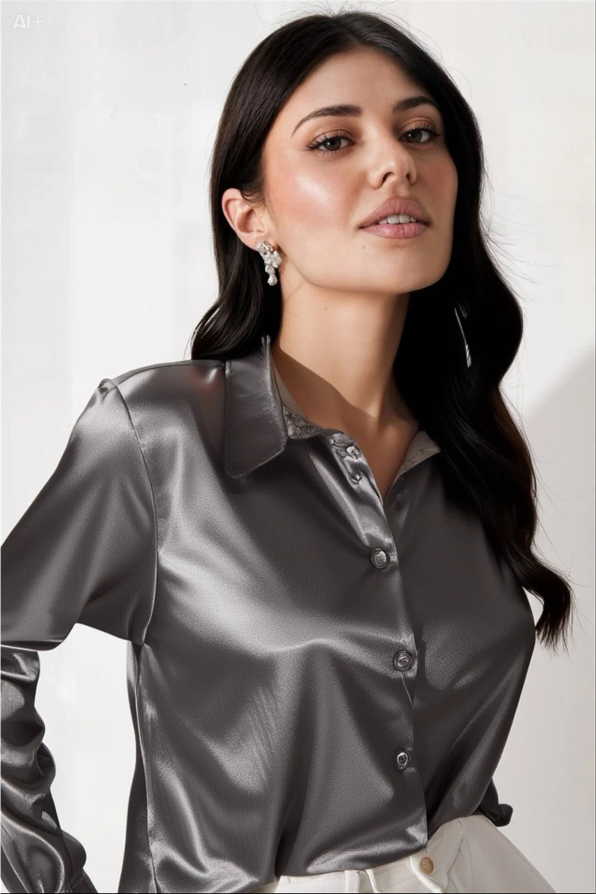 Kadın Antrasit Hafif Dökümlü Saten Yüzeyli Gömlek Hzl22w-bd139641