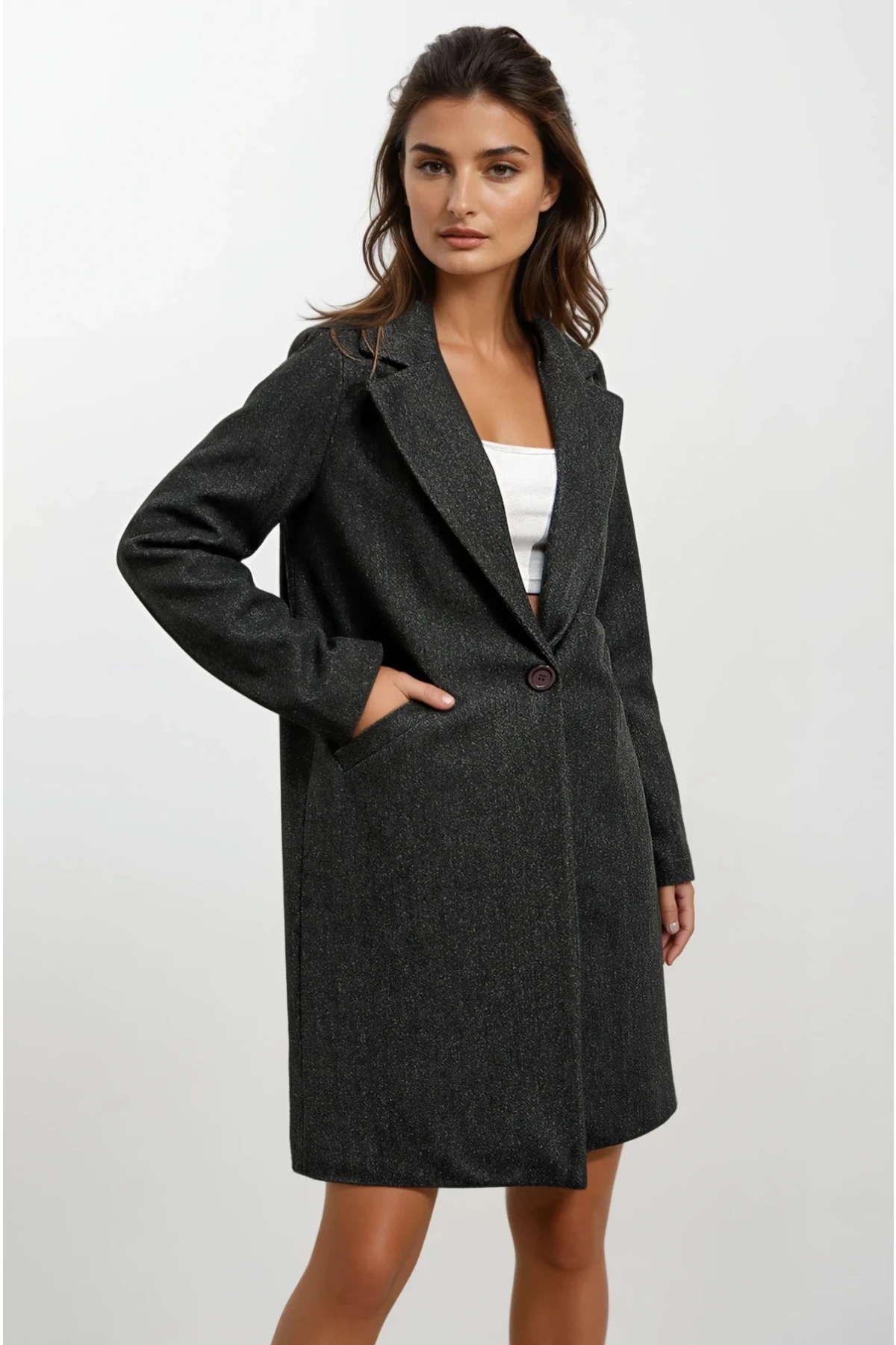 Kadın Antrasit Tek Düğmeli Çift Cepli Astarlı Şık Kaşe Kaban HZL23W-BD190851