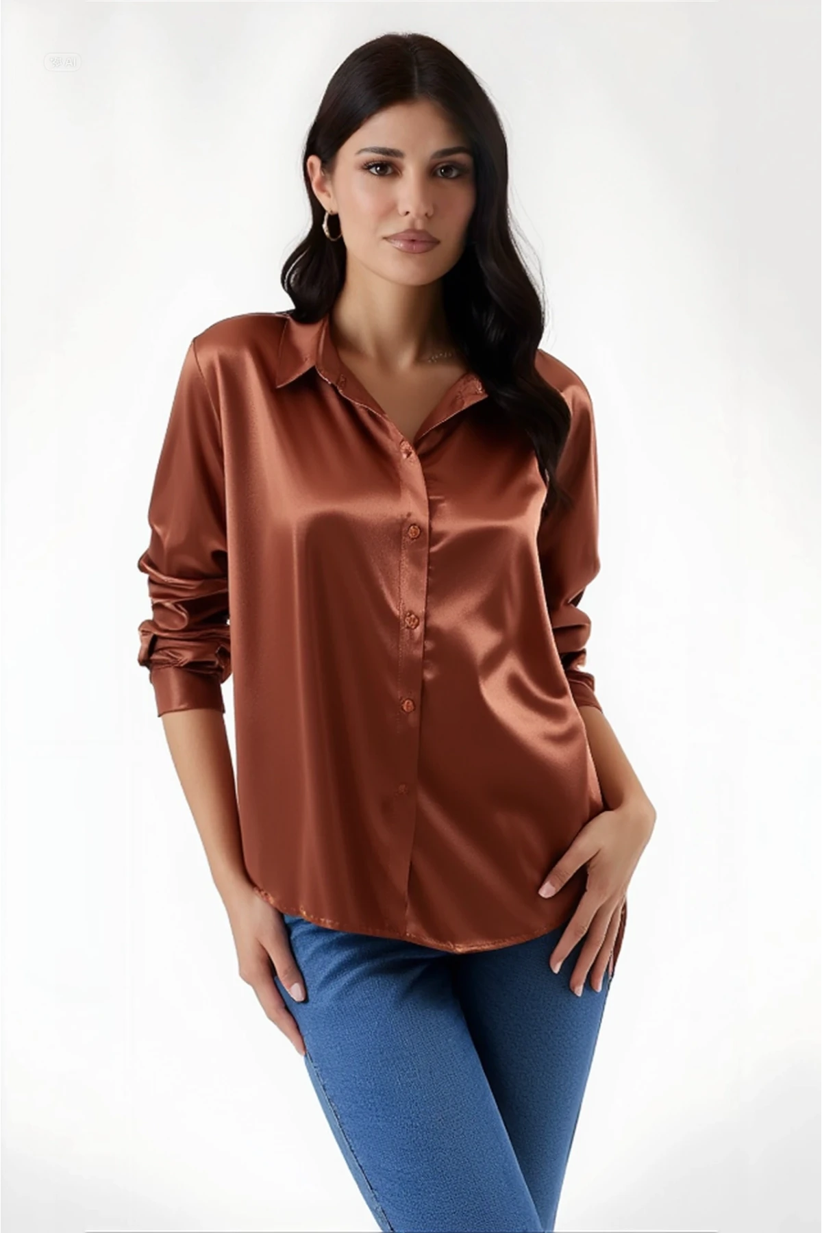 Kadın Bakır Hafif Dökümlü Saten Yüzeyli Gömlek Hzl22w-bd139641