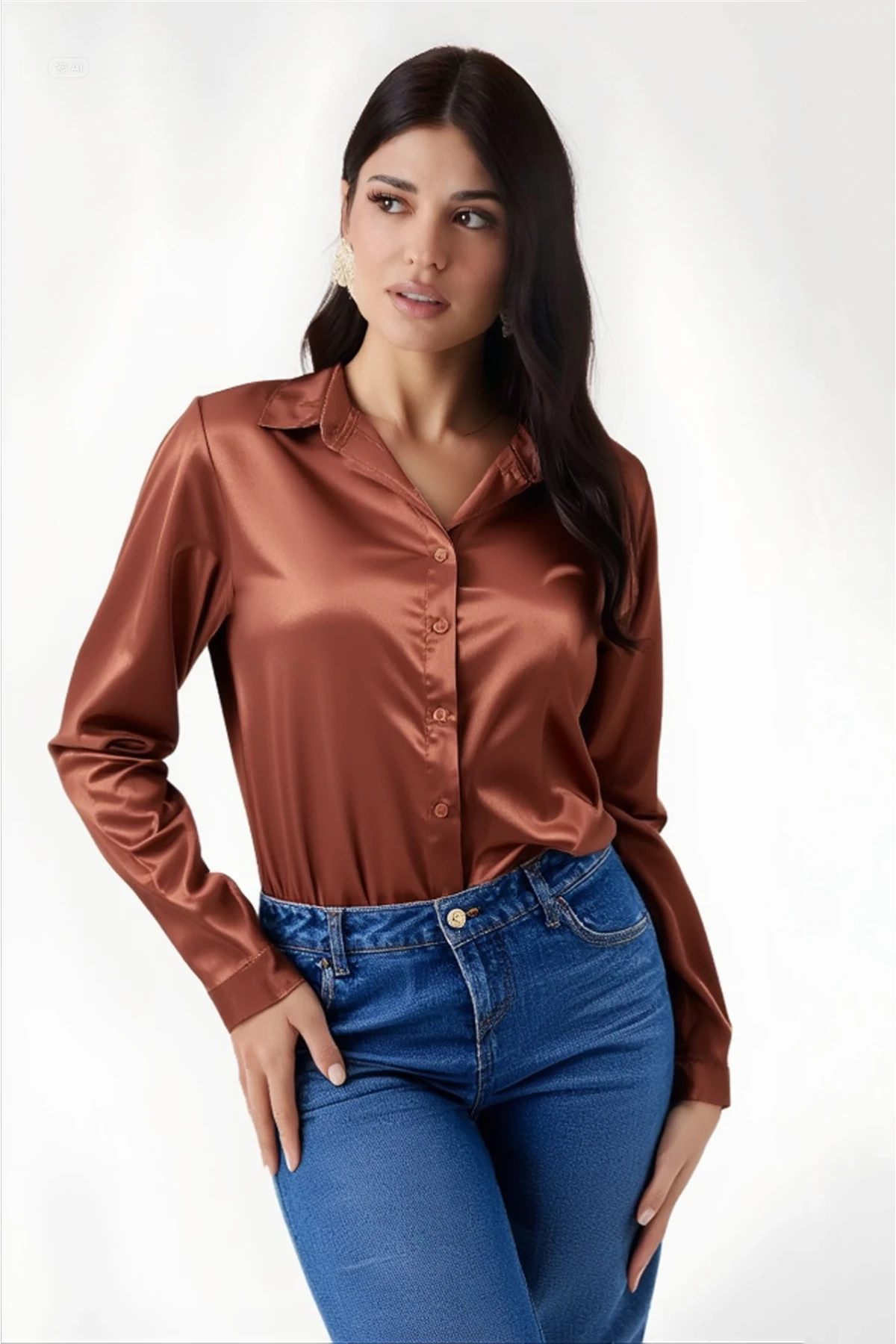 Kadın Bakır Hafif Dökümlü Saten Yüzeyli Gömlek Hzl22w-bd139641