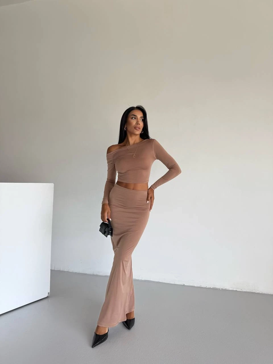 Kadın Bej Tek Omuz Drapeli Sandy Kumaş  İkili Takım HZL25W-FRY122511