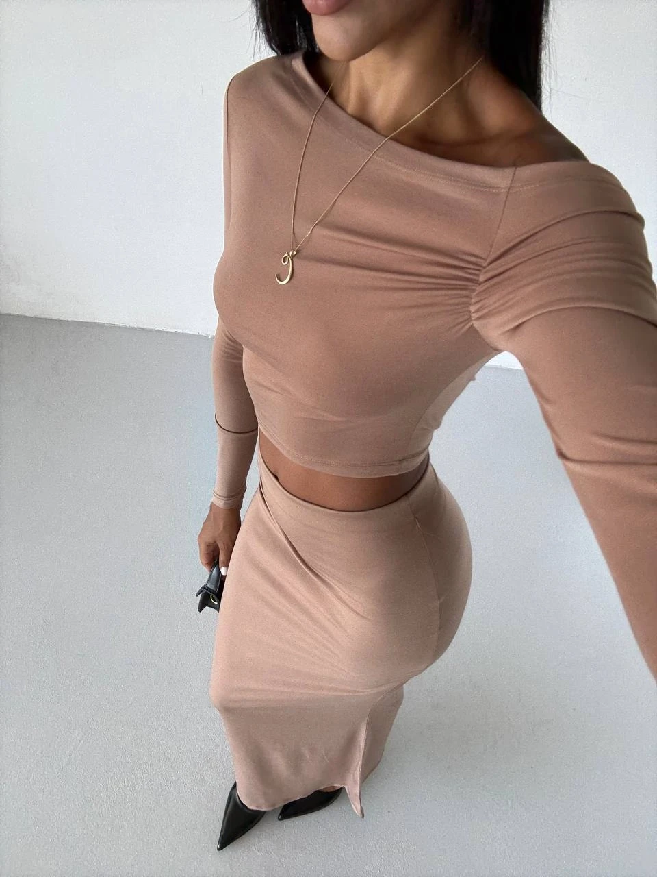 Kadın Bej Tek Omuz Drapeli Sandy Kumaş  İkili Takım HZL25W-FRY122511