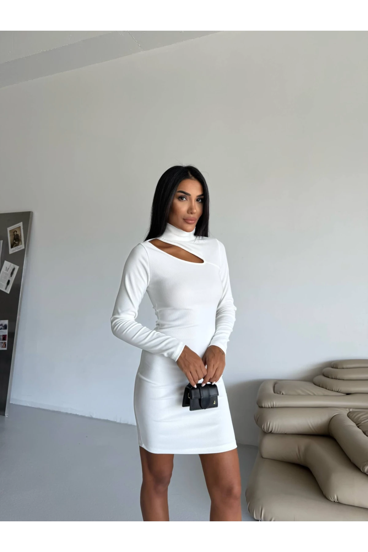 Kadın Beyaz Boğazlı Uzun Kollu Ottoman Kumaş Elbise HZL25S-FRY123331