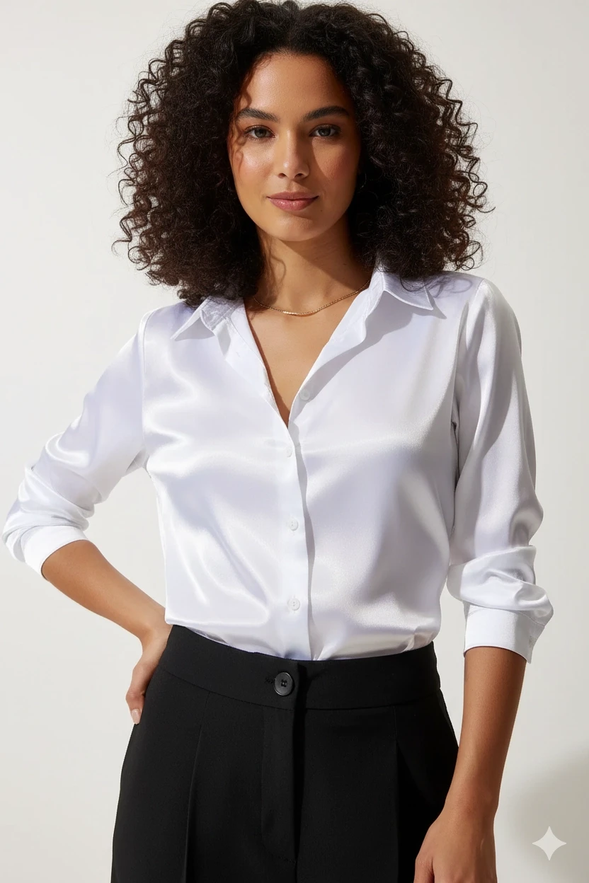 Kadın Beyaz Hafif Dökümlü Saten Yüzeyli Gömlek HZL22W-BD139641