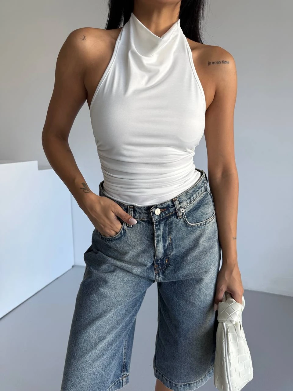 Kadın Beyaz Halter Yaka Sırtı Açık Sandy Bluz HZL25S-FRY123141